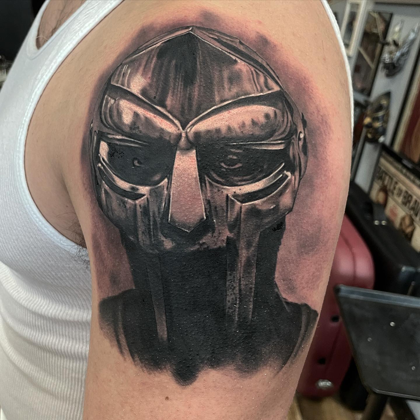 Spartan helmet realism tattoo on the shoulder by ๐ฟ๐๐ฃ๐๐๐ก ๐๐ค๐ ๐ค๐ง๐ฃ๐ฎ, Middletown, Orange County, New York
