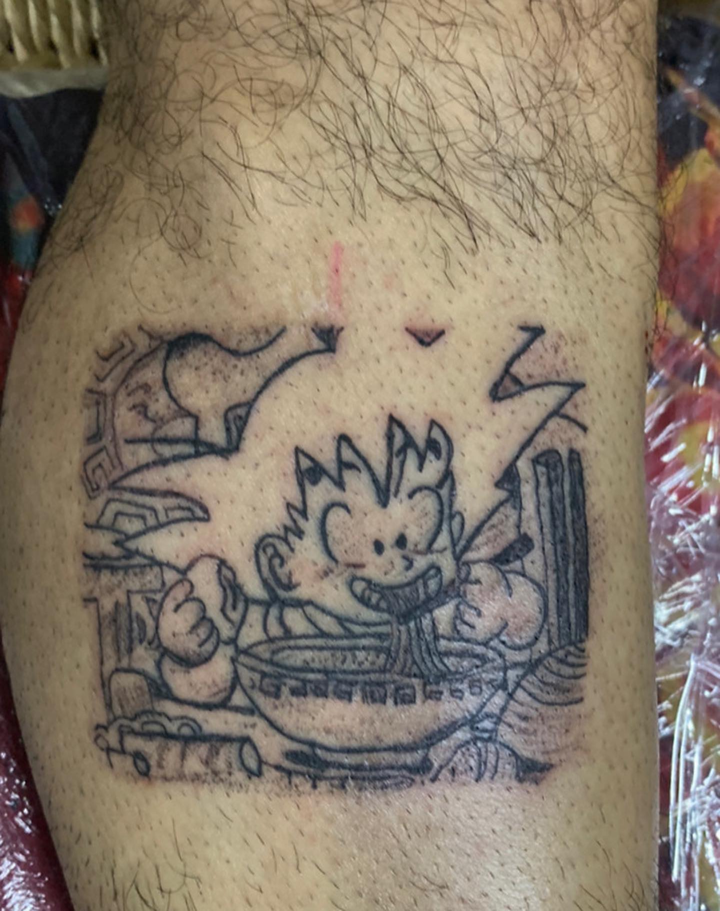 Calvin and Hobbes dotwork tattoo on the thigh by El Zepa