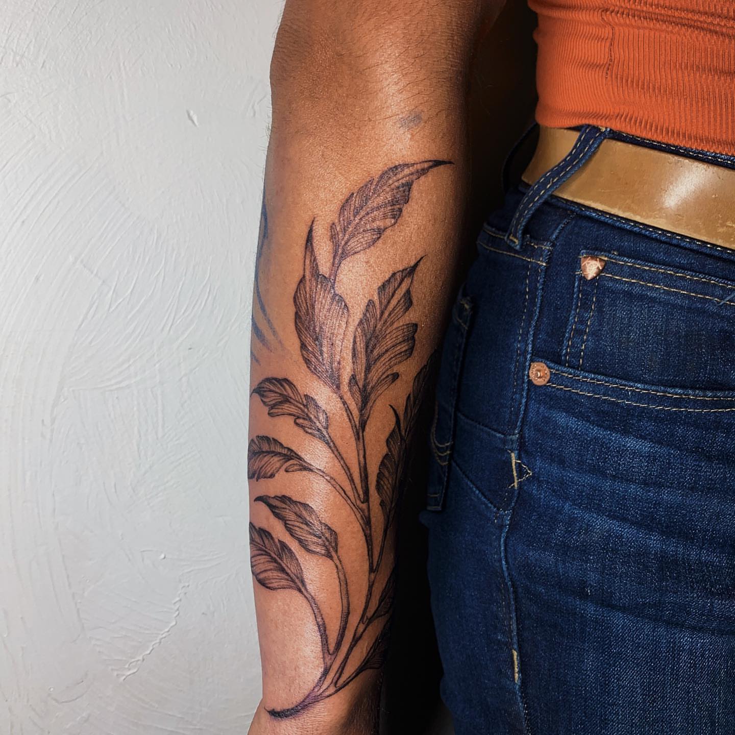 Leaf black and grey tattoo on the forearm by Kolby