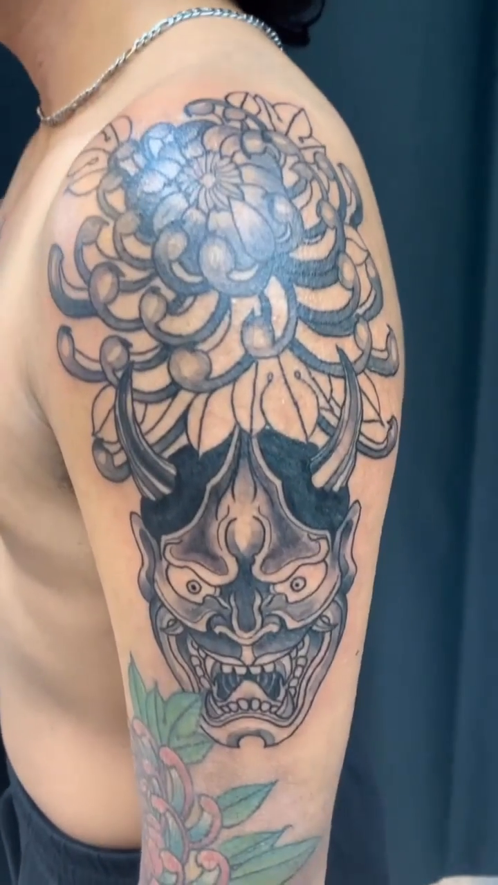 Chrysanthemum and Oni mask japanese irezumi tattoo by ដេវី  និល - Davi Nil - Tattoo Artist