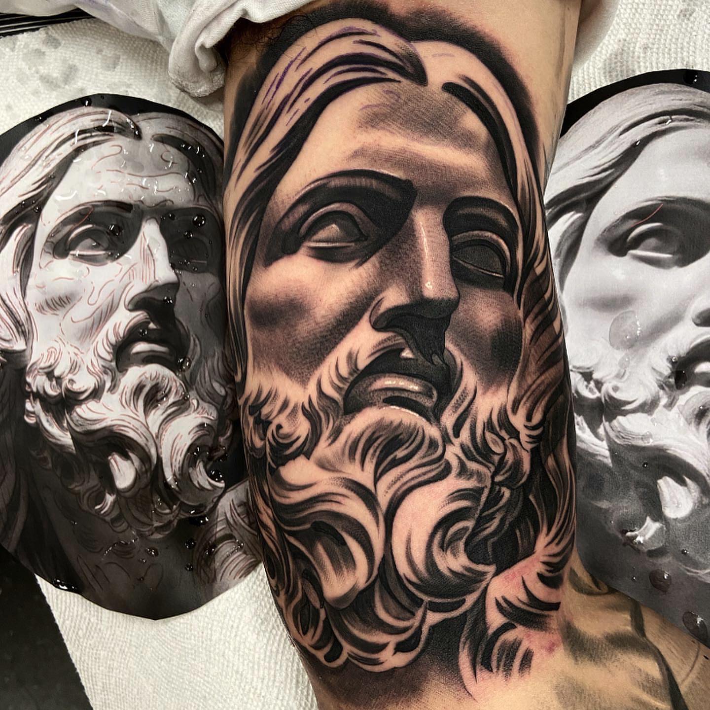 Bearded man's face realism tattoo on the forearm by eksoe_