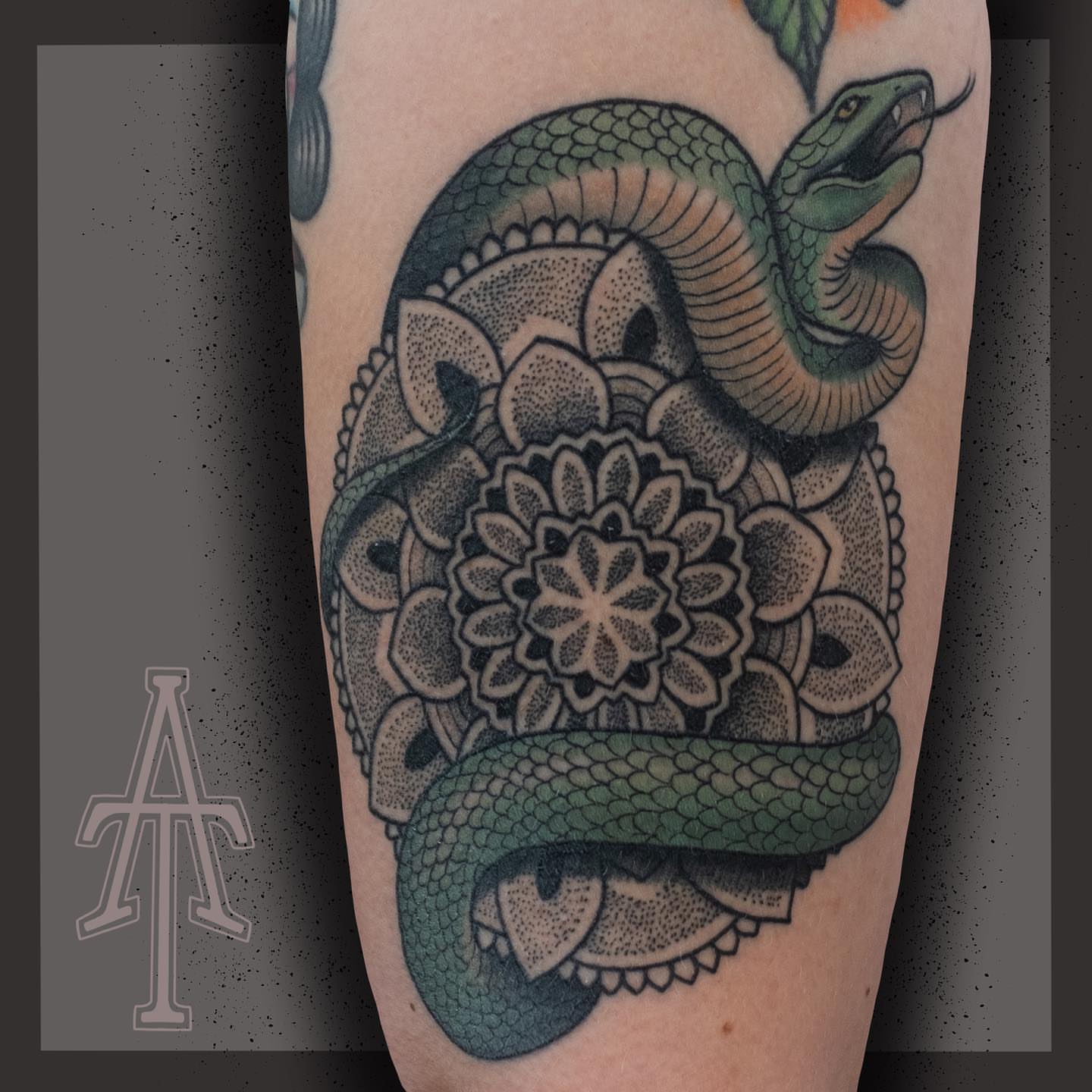 Snake and mandala dotwork tattoo on the forearm by Chris Dobransky