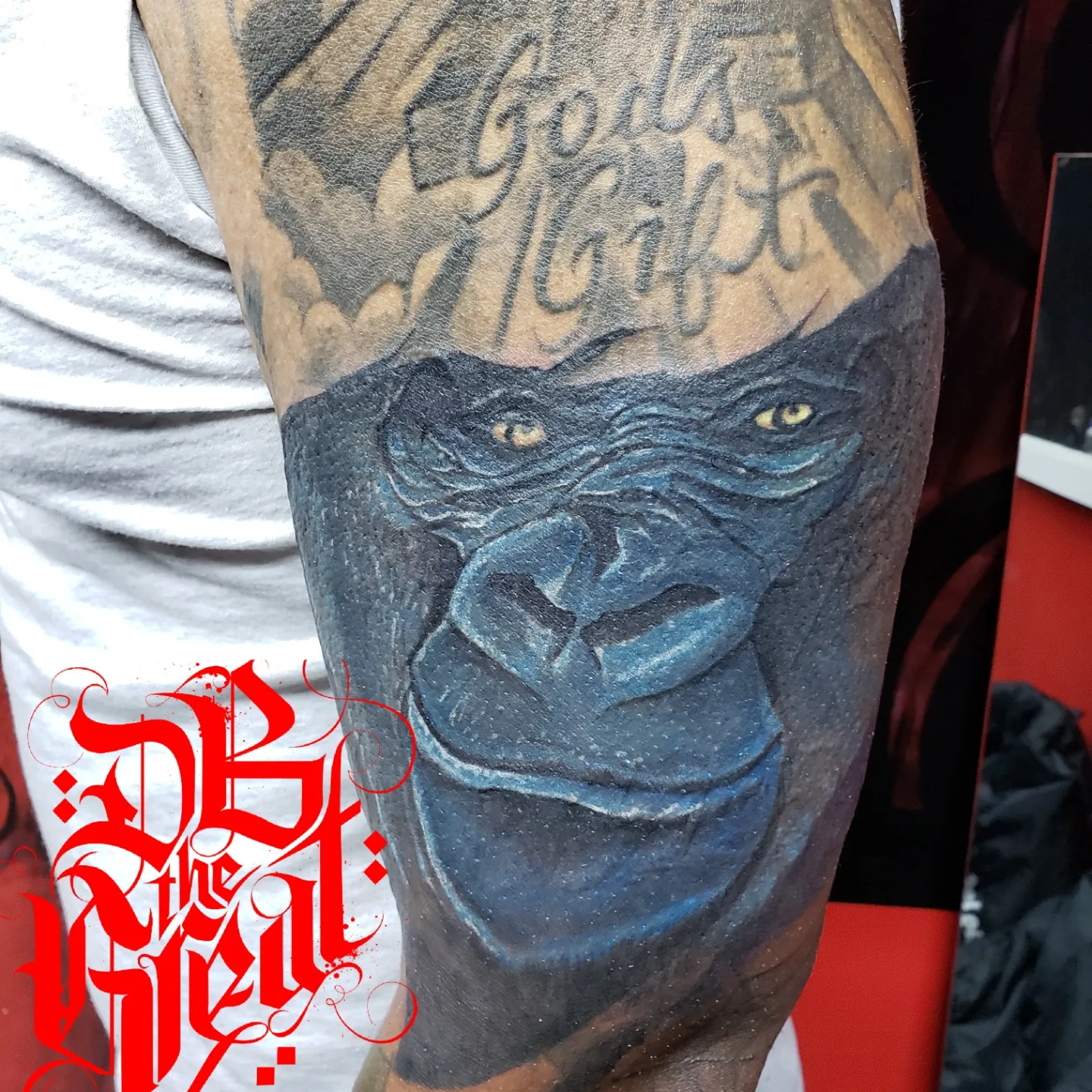 Gorilla realism tattoo on the forearm by Dannie Blythewood