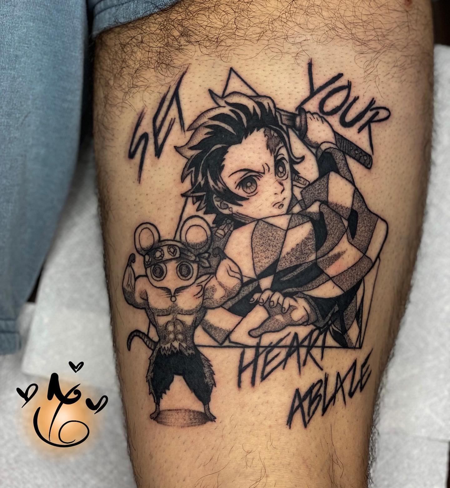 Anime characters anime tattoo on the thigh by Keyon J