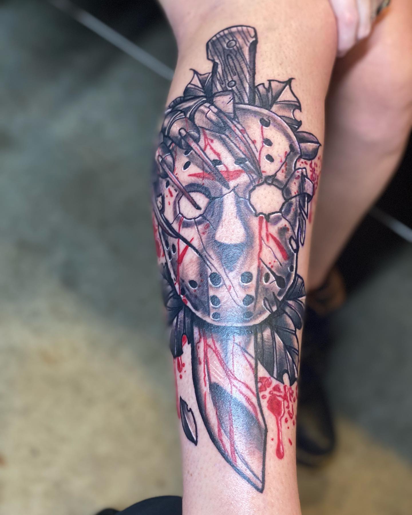 Jason voorhees mask trash polka tattoo on the forearm by Josh St.germain