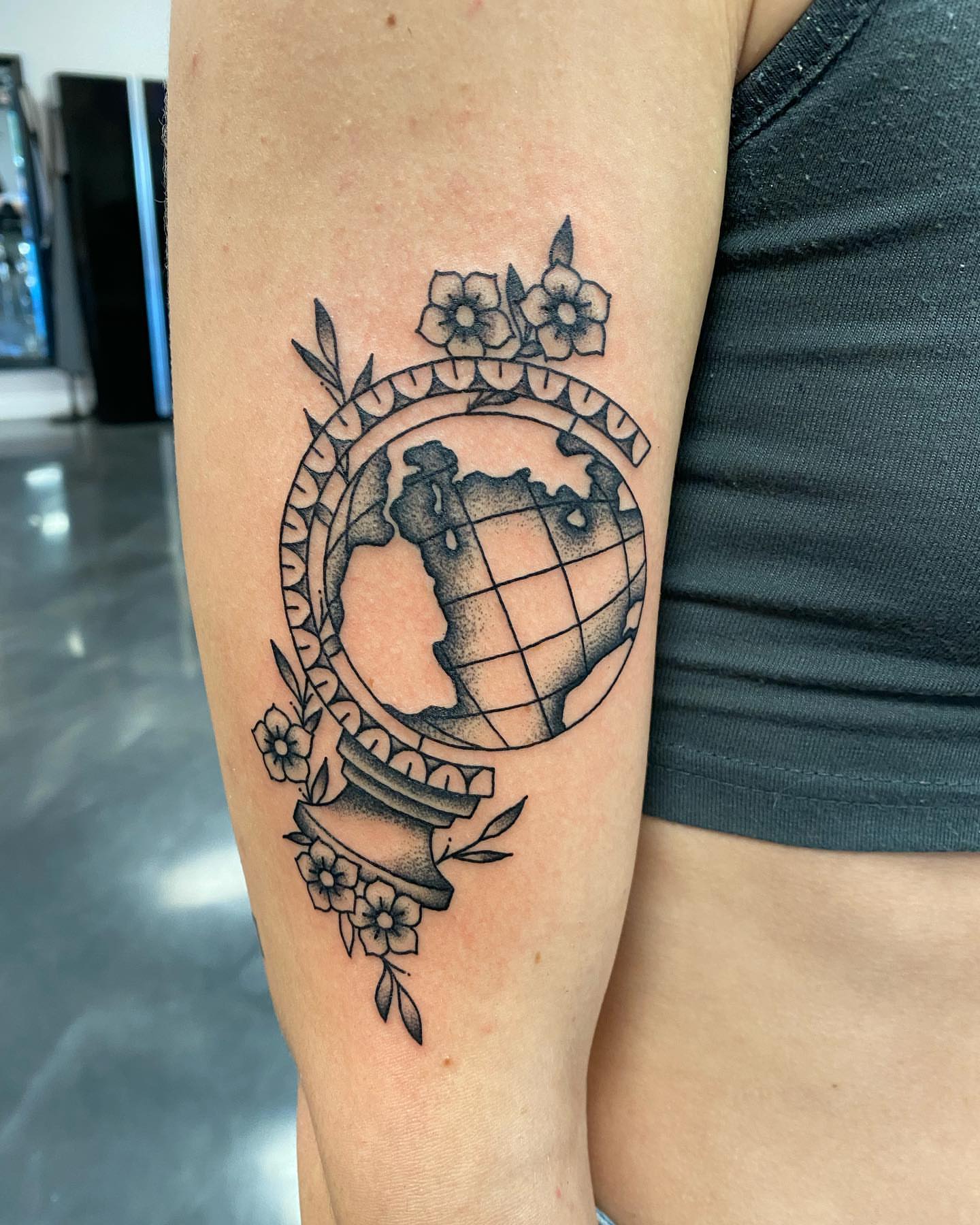 World globe dotwork tattoo on the forearm by SAL, Mesa, Arizona