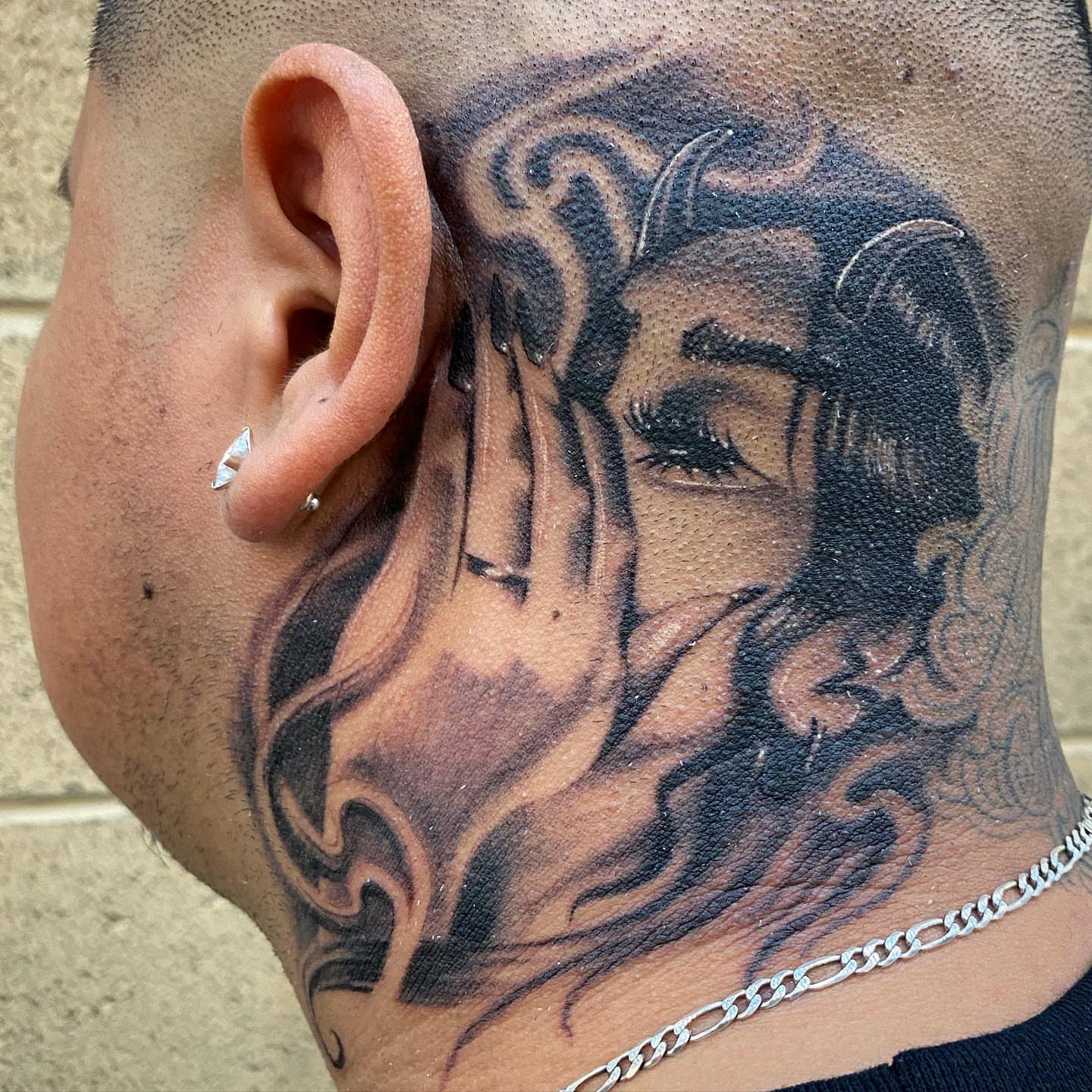 Woman praying realism tattoo on the chest by El Pato, San Jose, California