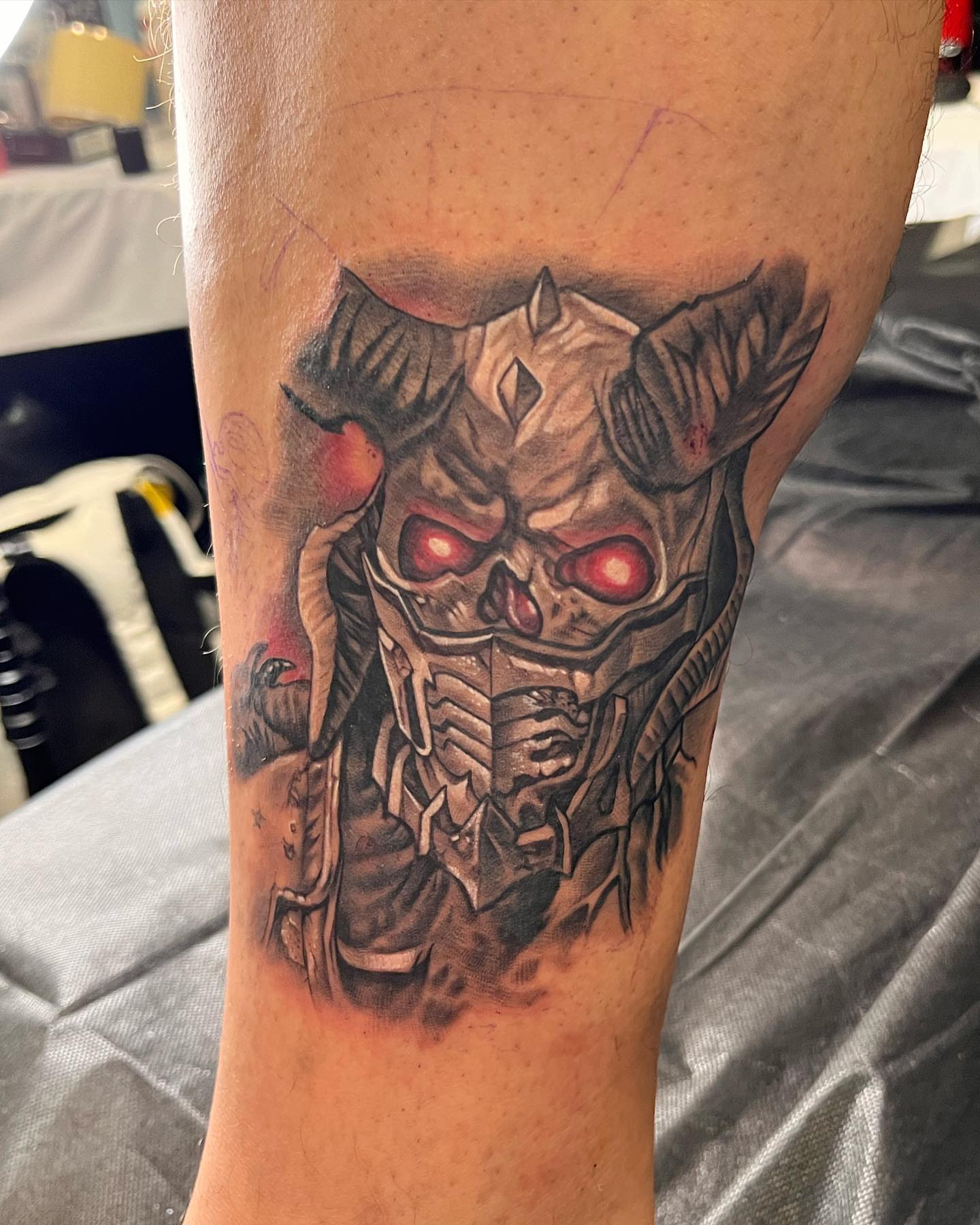 Mecha skull dark realism tattoo on the forearm by Kyle hodge