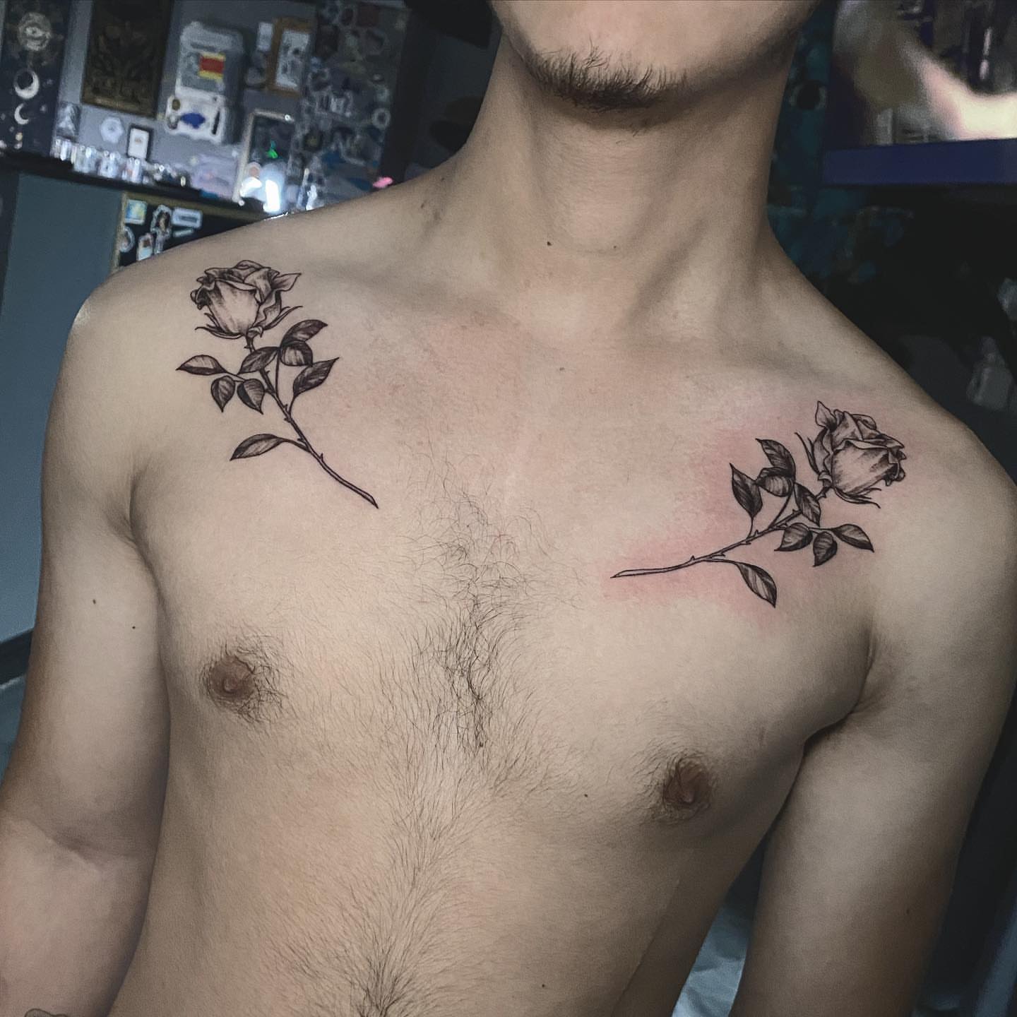 Rose black and grey tattoo on the chest by Sydney Dixon, Sacramento, California