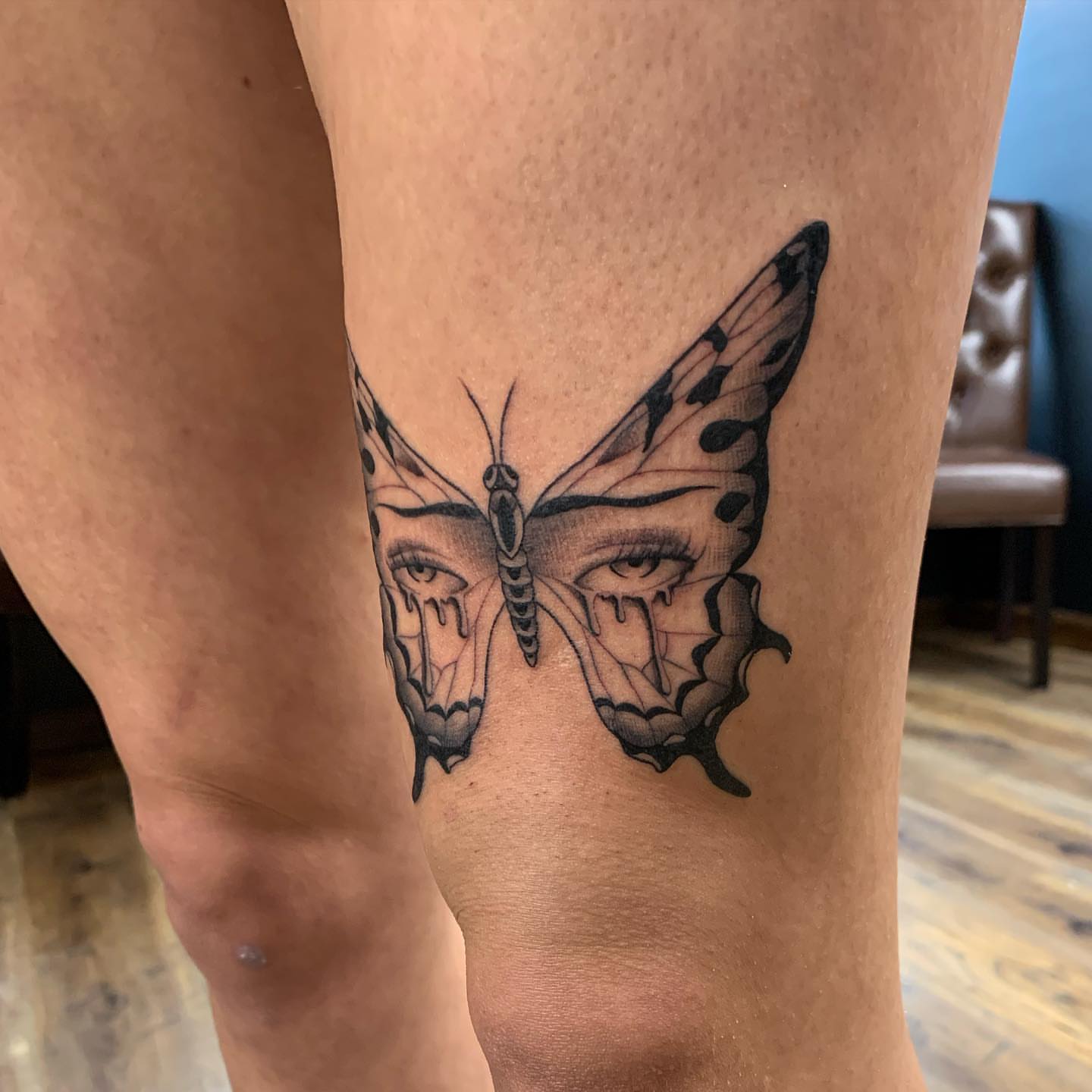 Butterfly realism tattoo on the thigh by Jacob Deirfield, Circleville, Ohio
