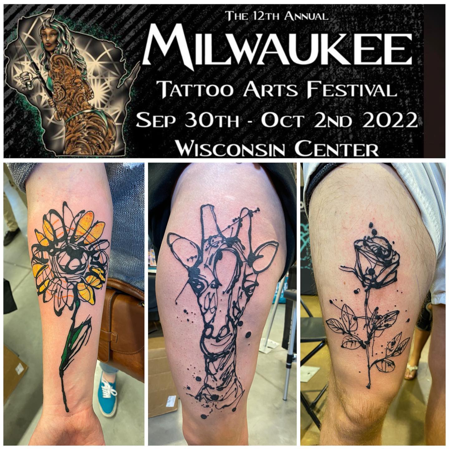 Flower dotwork tattoo on the thigh by Keith Cromie