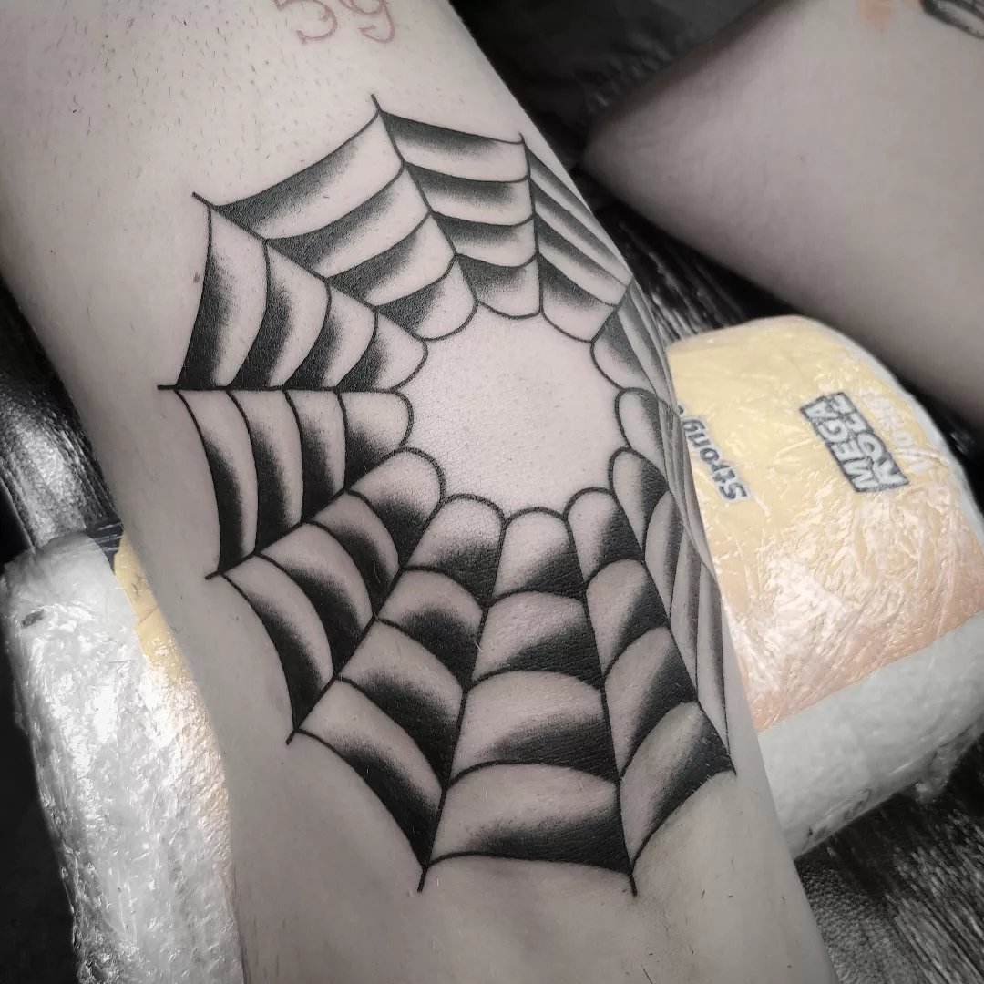 Spider web geometric tattoo on the forearm by CASEY JENSEN ✨ Fort Collins CO