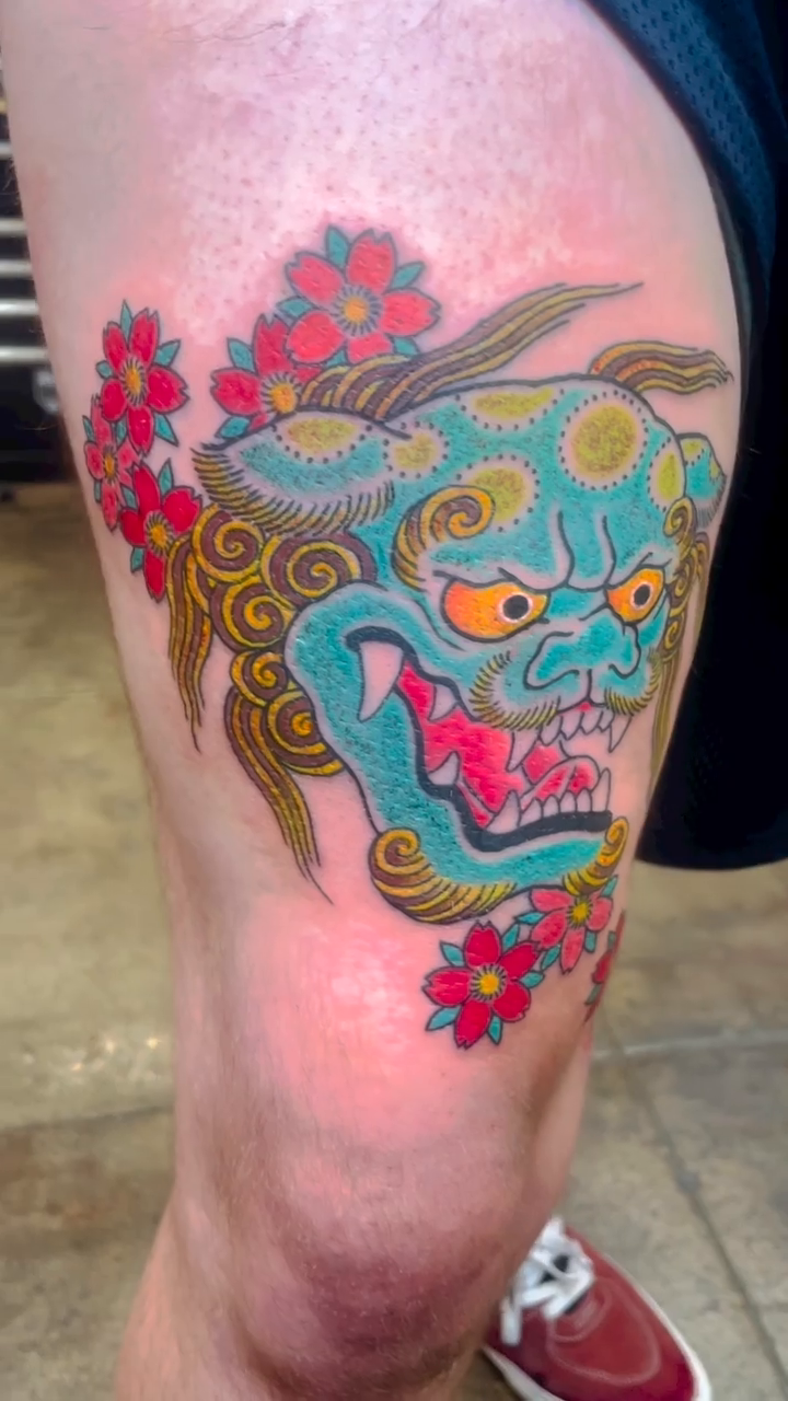 Japanese demon mask with flowers japanese irezumi tattoo by Seth Griffin
