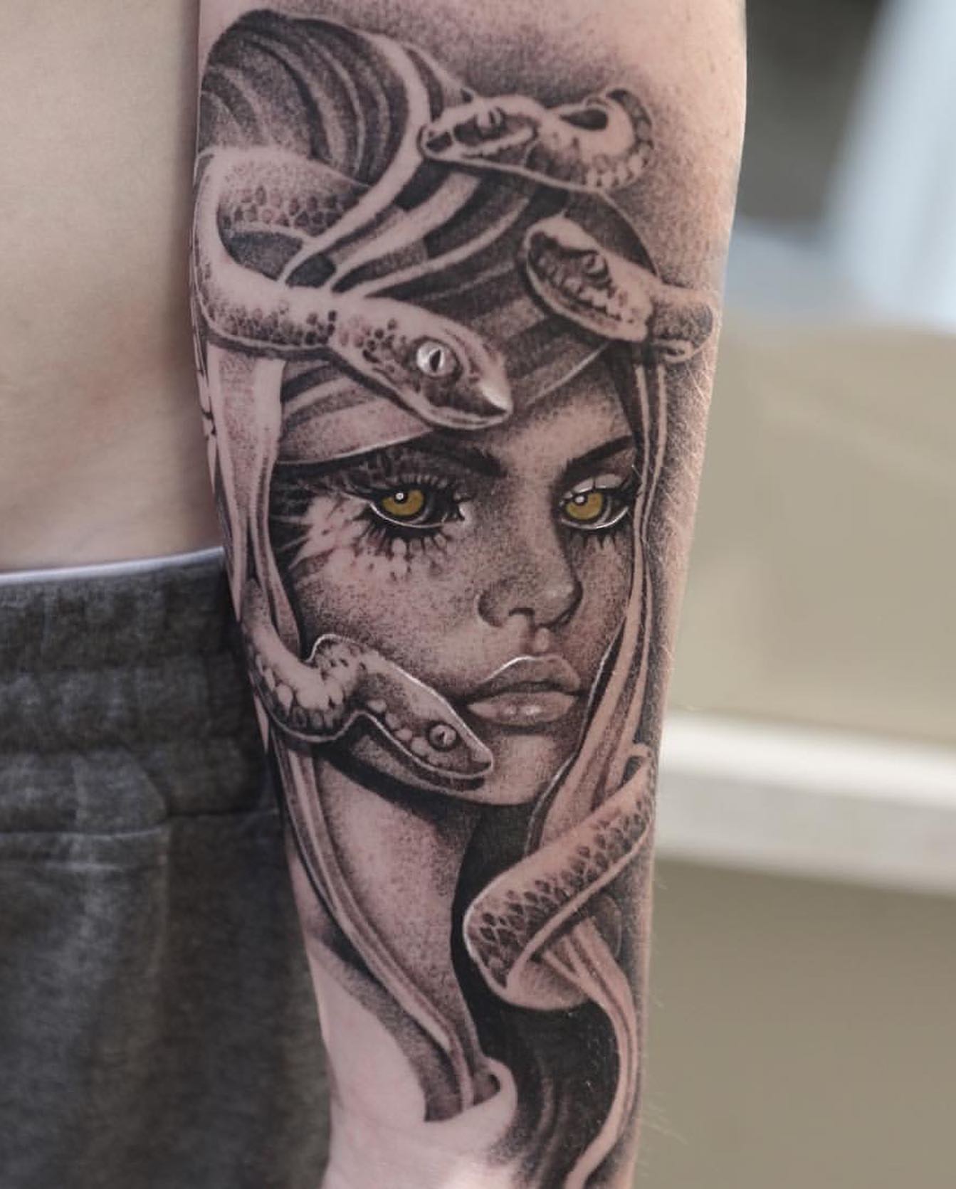Medusa realism tattoo on the forearm by Anna Chernova, San Francisco, California