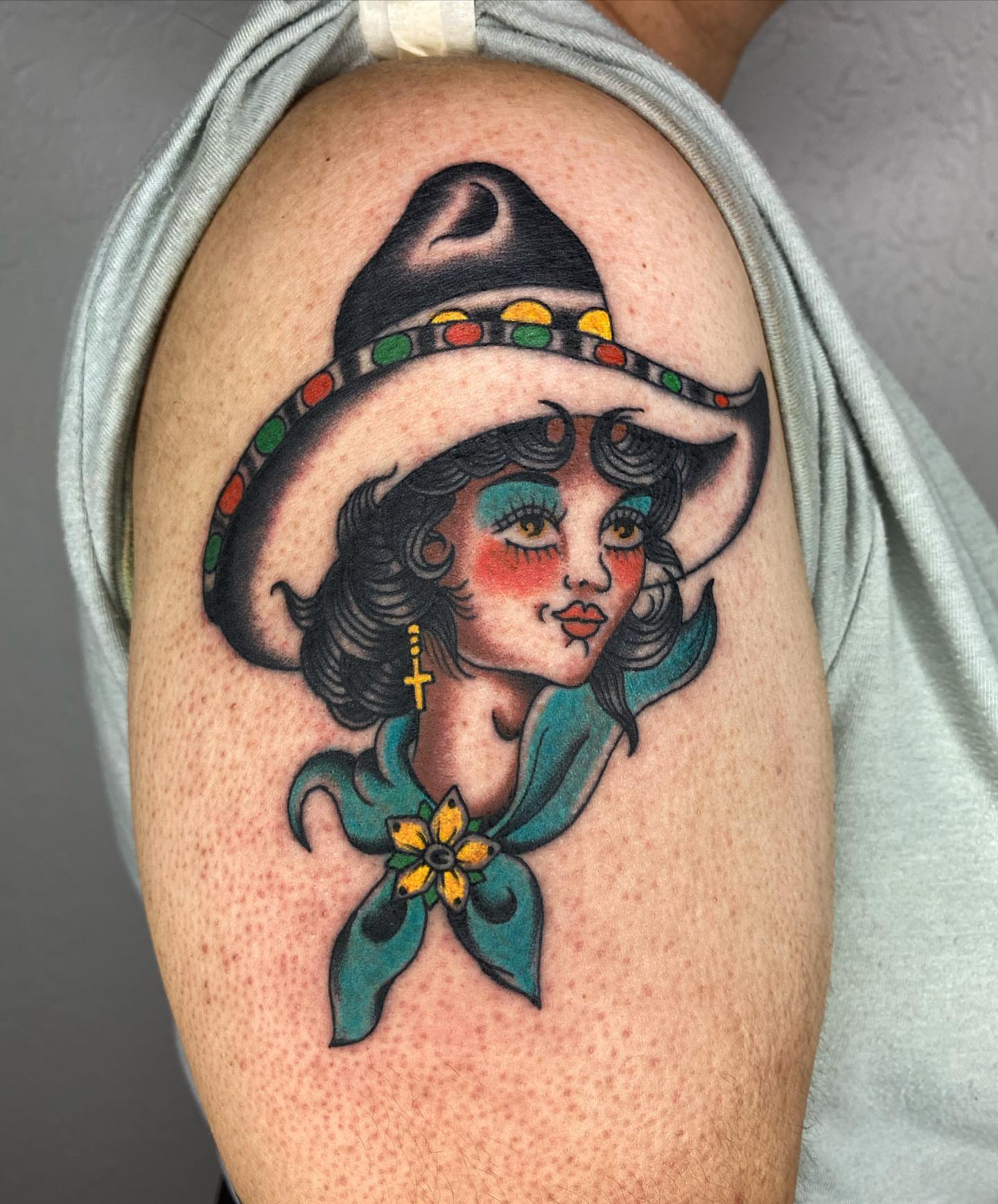 Mexican woman American traditional tattoo on the shoulder by Elijah Edwards