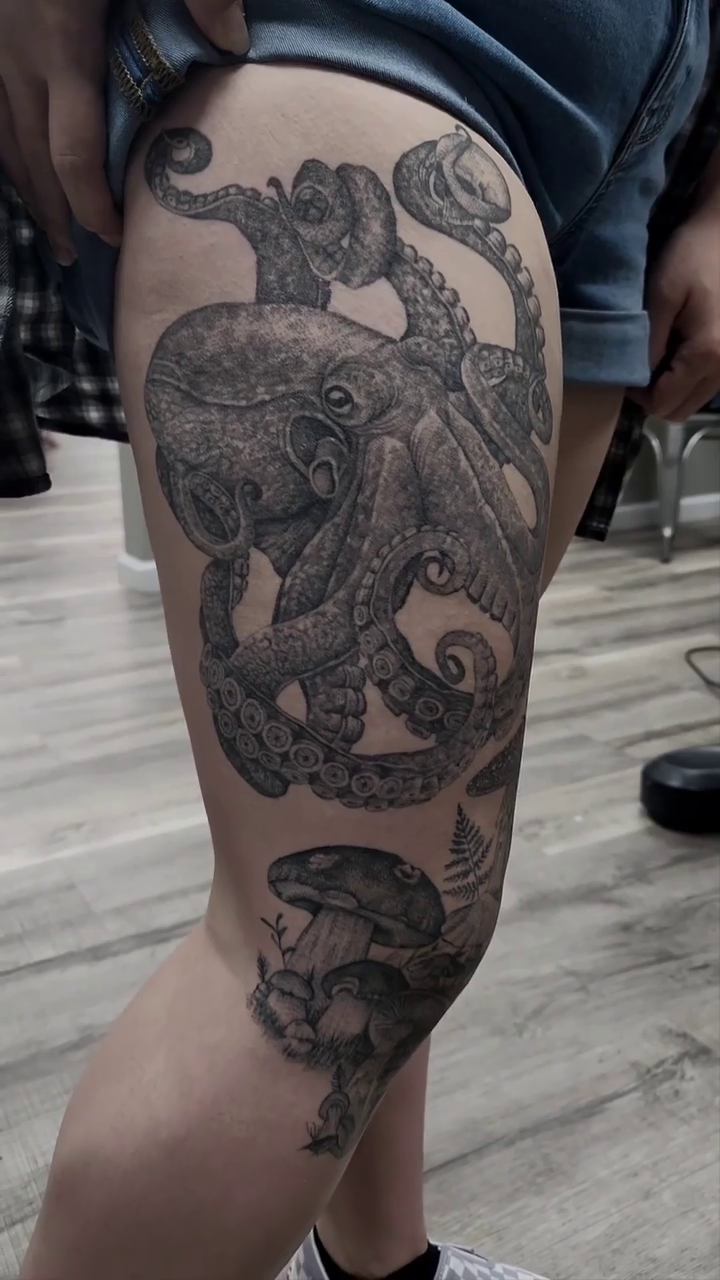 Octopus and forest scene realism tattoo by Kyle Joseph [tattoo artist]