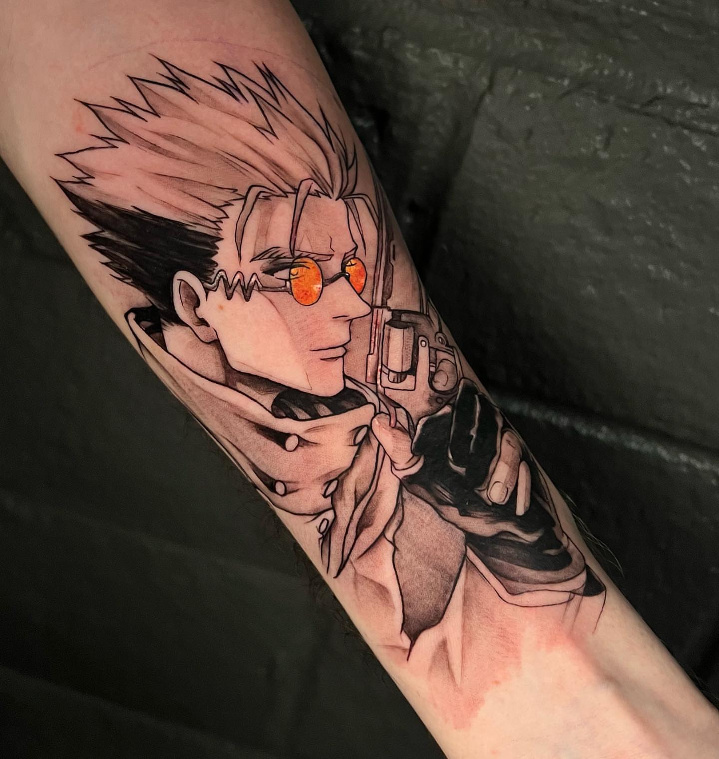 Cyborg character anime tattoo on the forearm by emi