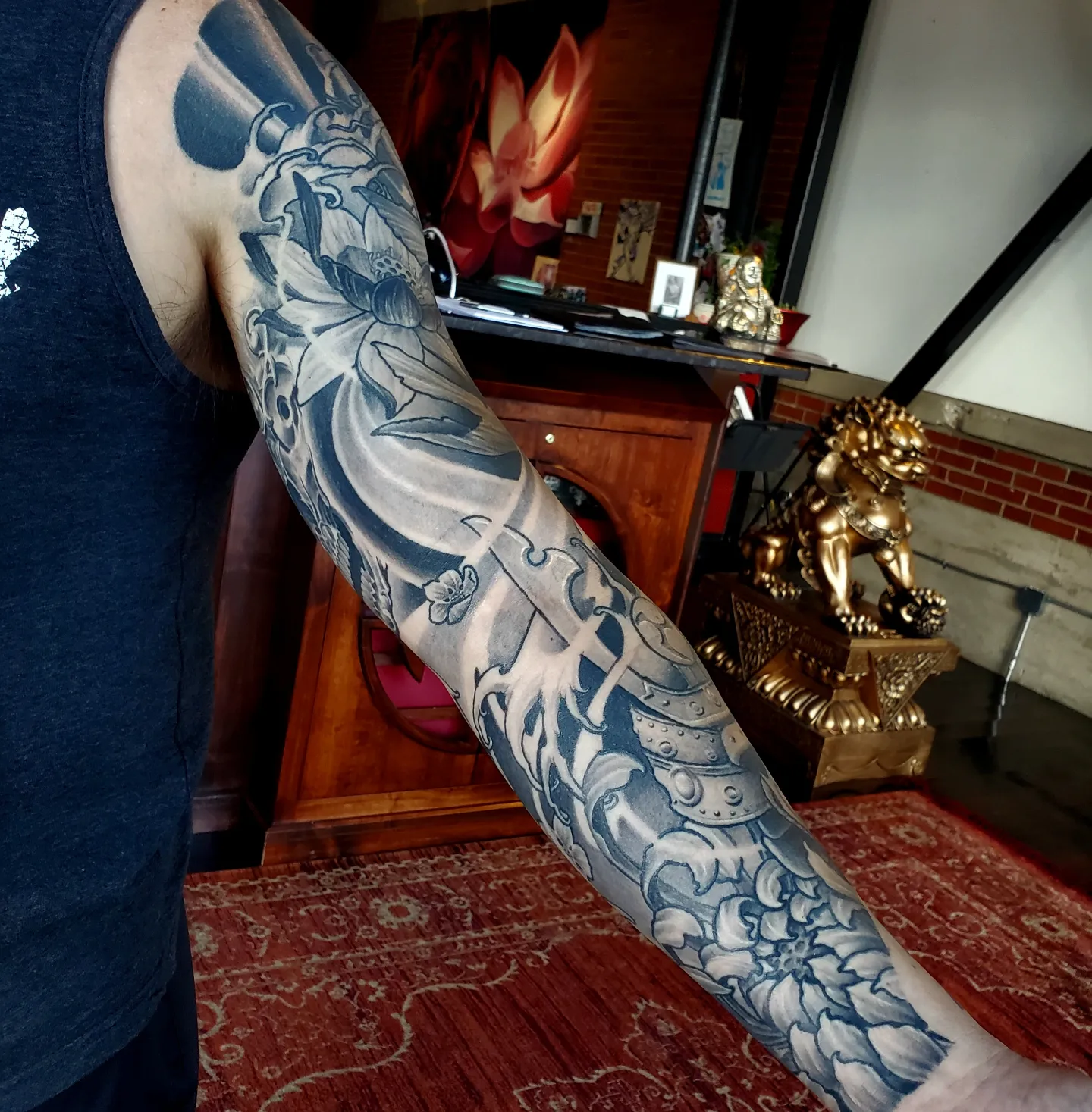 Lotus and armor japanese irezumi tattoo on the forearm by Jake Goss, Salt Lake City, Utah
