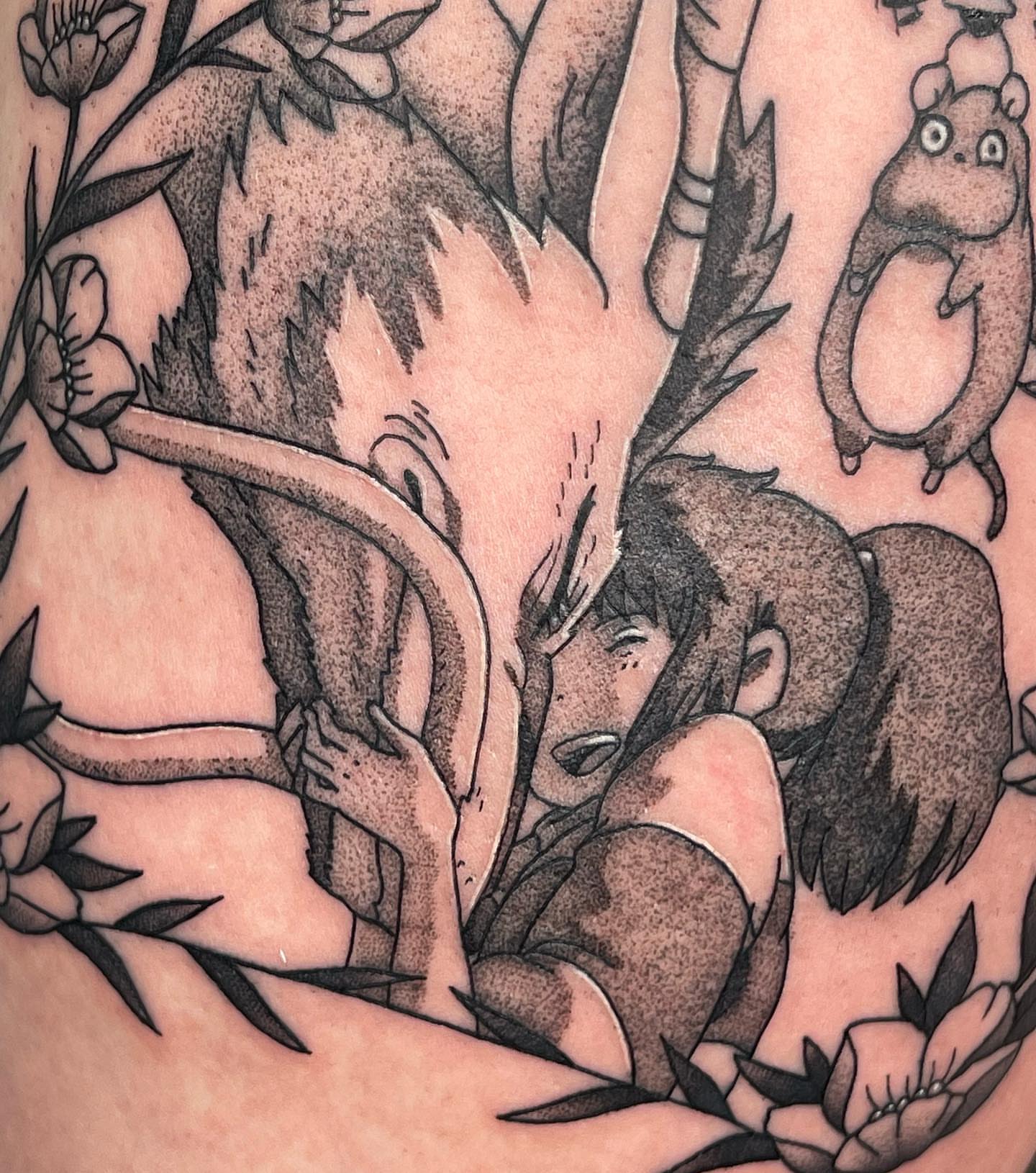 Anime-inspired characters dotwork tattoo on the thigh by Anastasia Vives