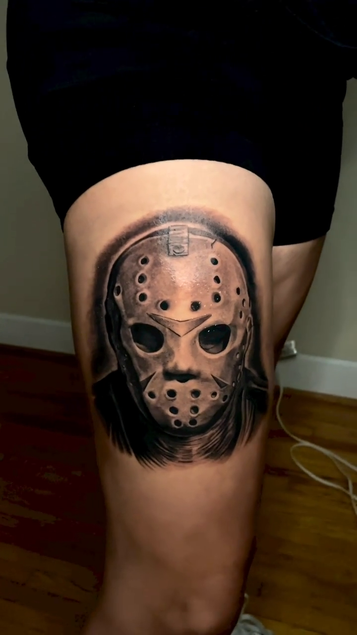 Jason Voorhees mask realism tattoo by Fullerton ca tattooing