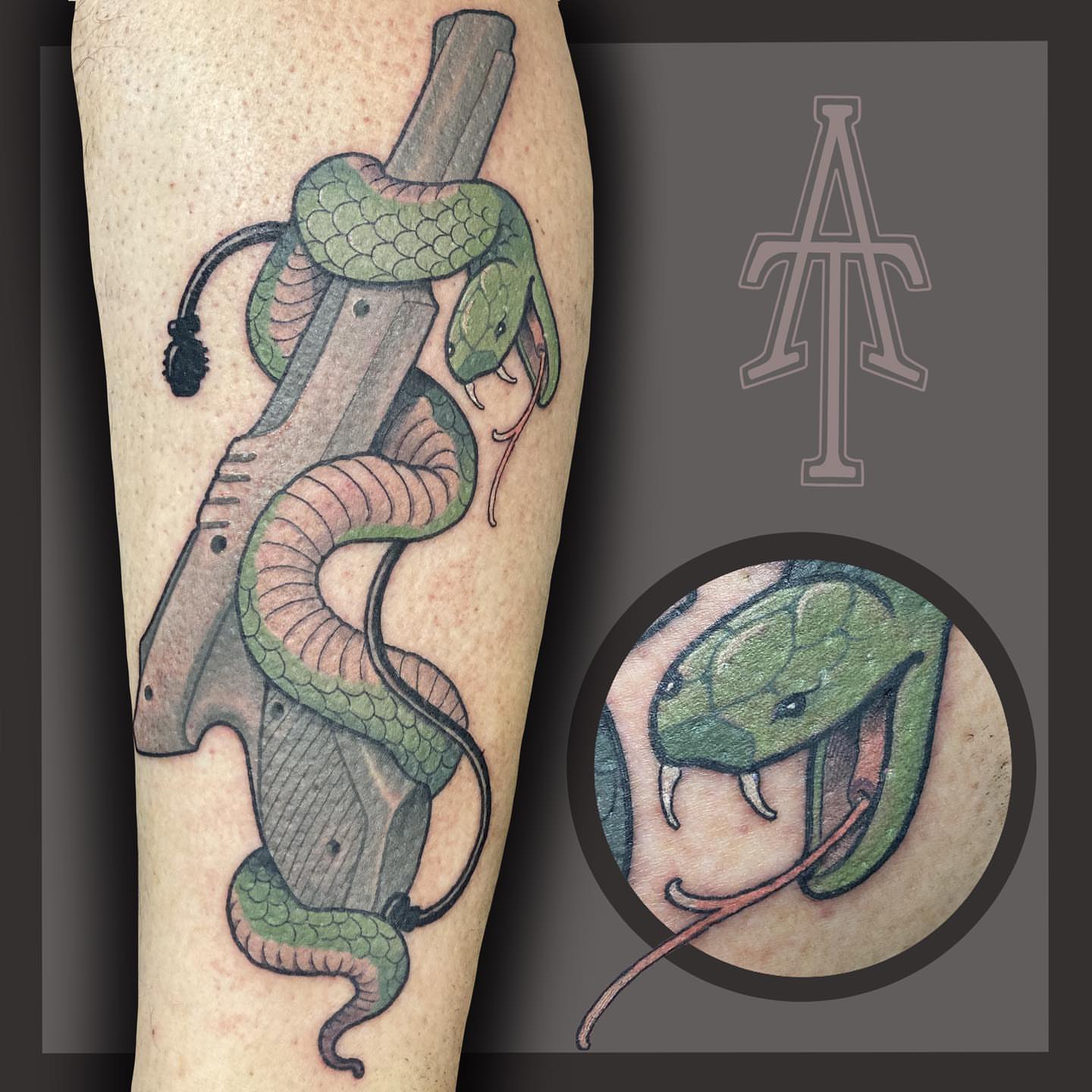Snake and knife American traditional tattoo on the forearm by Chris Dobransky