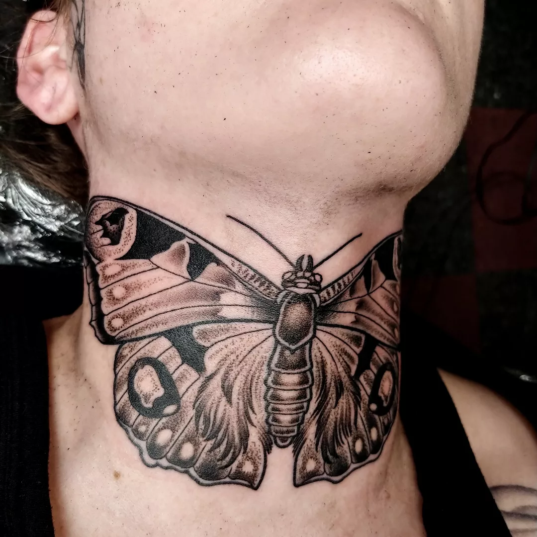Butterfly black and grey tattoo on the neck by CASEY JENSEN ✨ Fort Collins CO