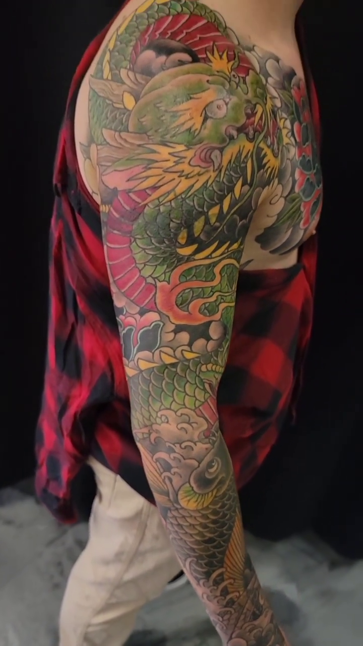Dragon and koi japanese irezumi tattoo by James Vaughn