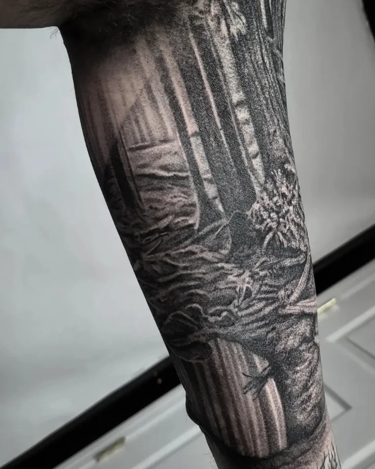 Forest scene realism tattoo on the forearm by Kyle Joseph [tattoo artist]