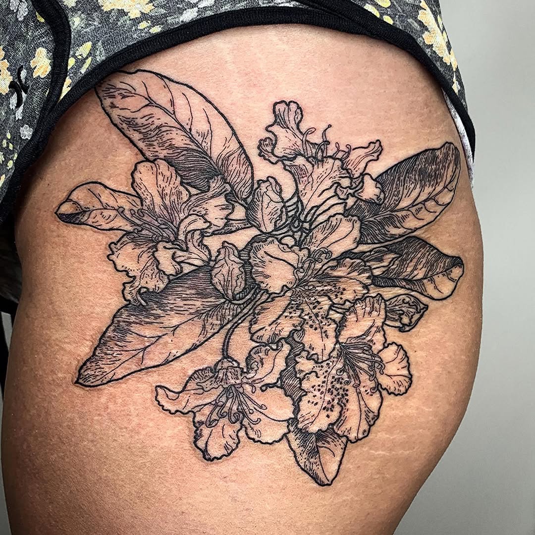 Rhododendron flowers and leaves dotwork tattoo on the thigh by 𝗠𝗶𝗱𝗻𝗶𝗴𝗵𝘁 〰️ 𝕄𝕠𝕠𝕟𝕝𝕚𝕘𝕙𝕥