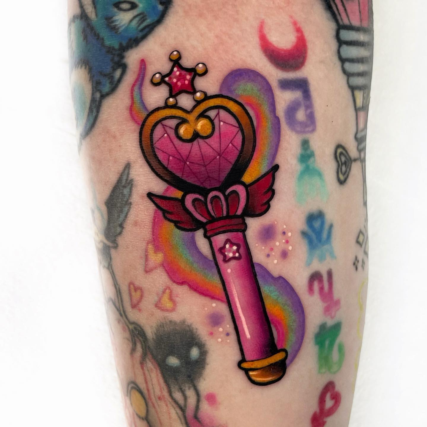 Heart-shaped wand new school tattoo on the forearm by πππ«π ππ¨ππ₯, Dallas, Texas