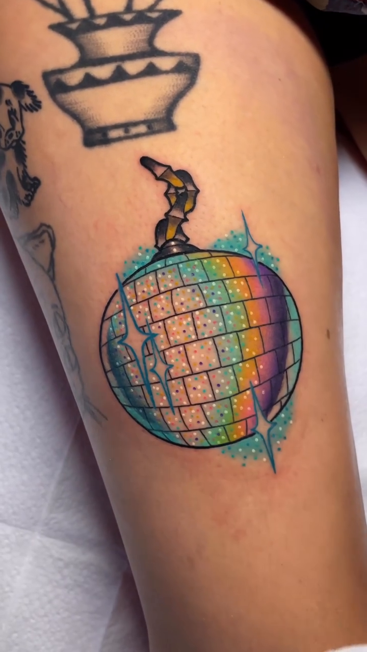 Disco ball geometric tattoo by 𝐊𝐚𝐫𝐚 𝐍𝐨𝐞𝐥, Dallas, Texas