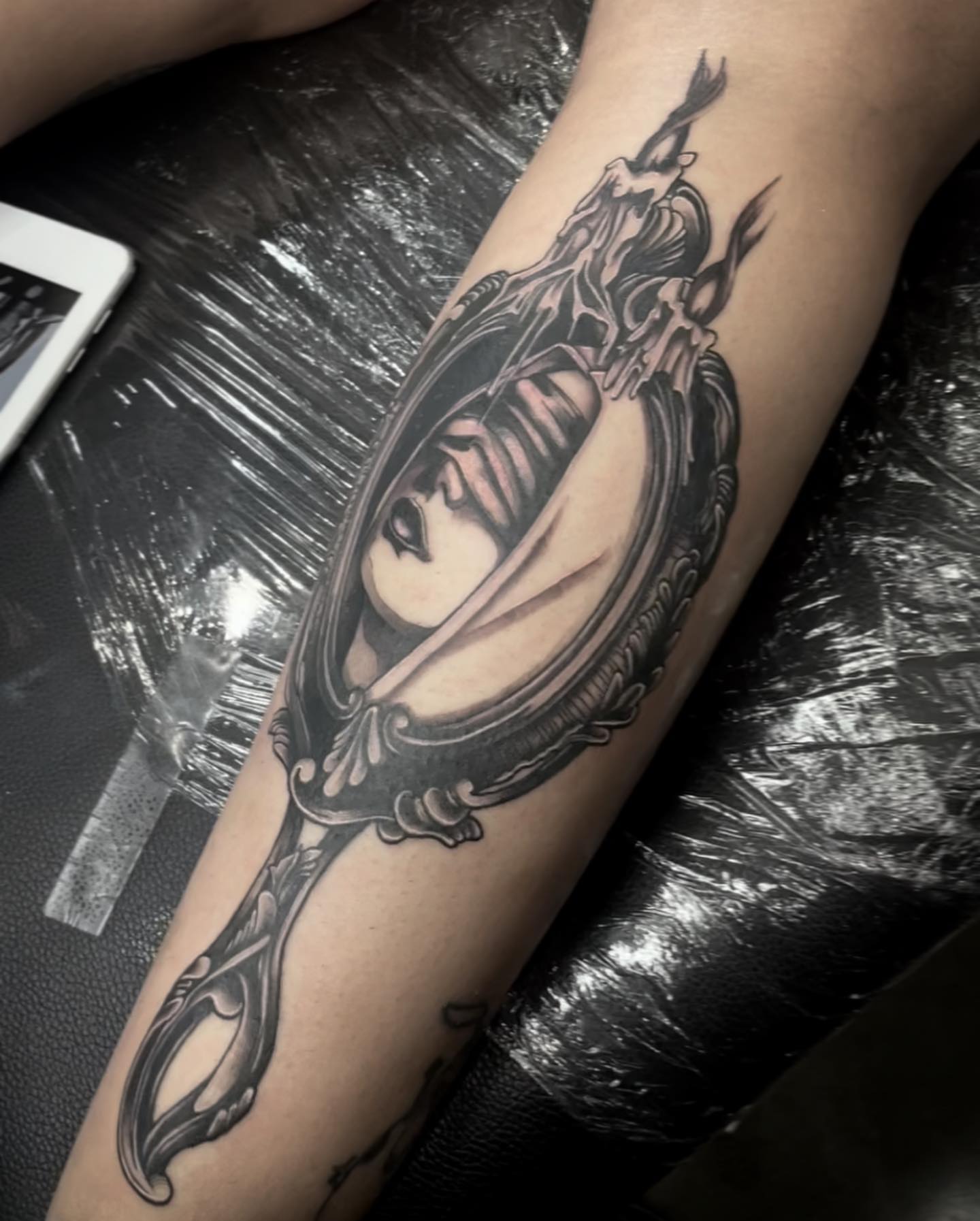 Mirror reflection realism tattoo on the forearm by Myla Jane, Houston, Texas