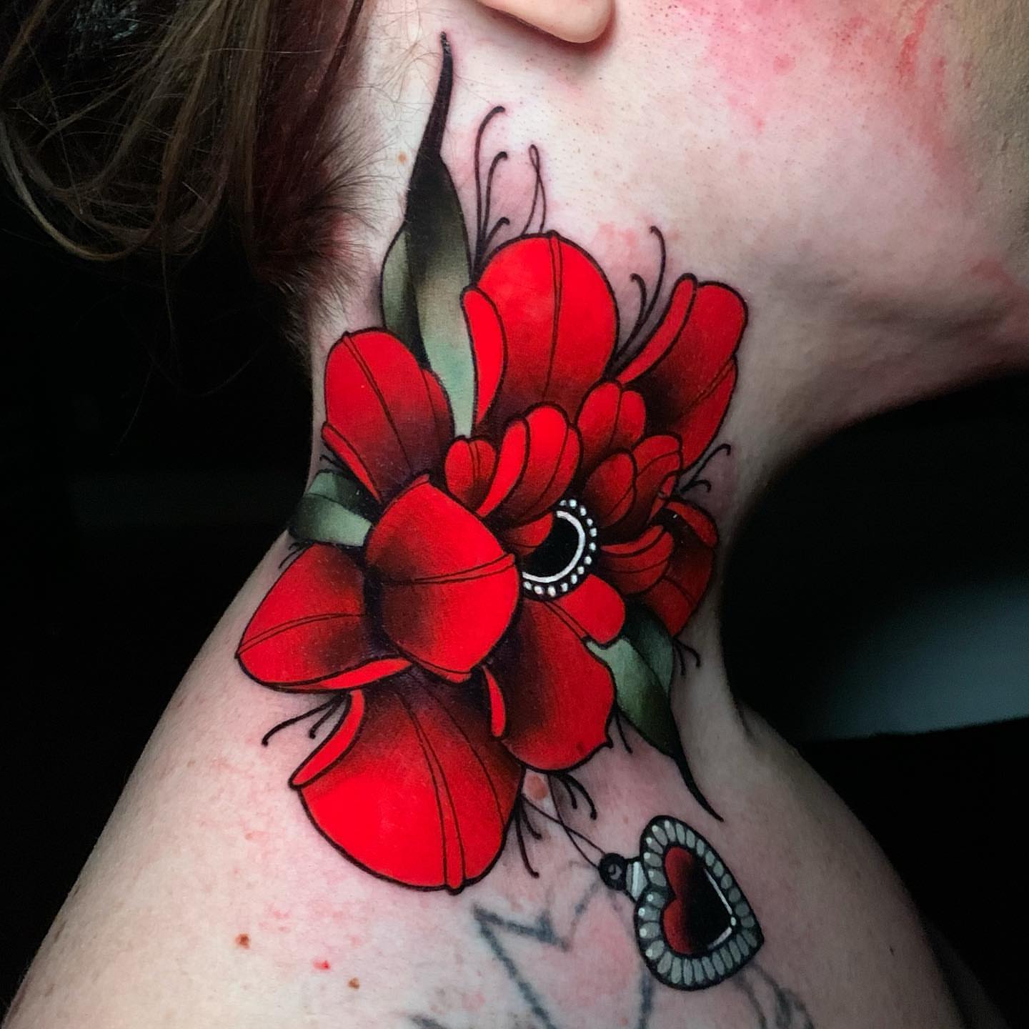 Red flowers American traditional tattoo on the neck by gillian marie
