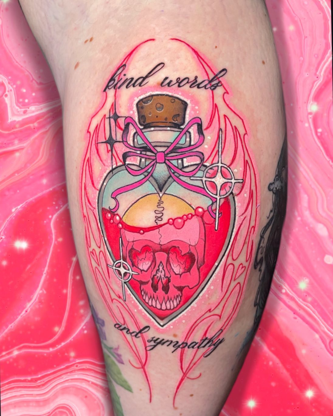 Skull in potion bottle neo-traditional tattoo on the forearm by Wendy Ruiz