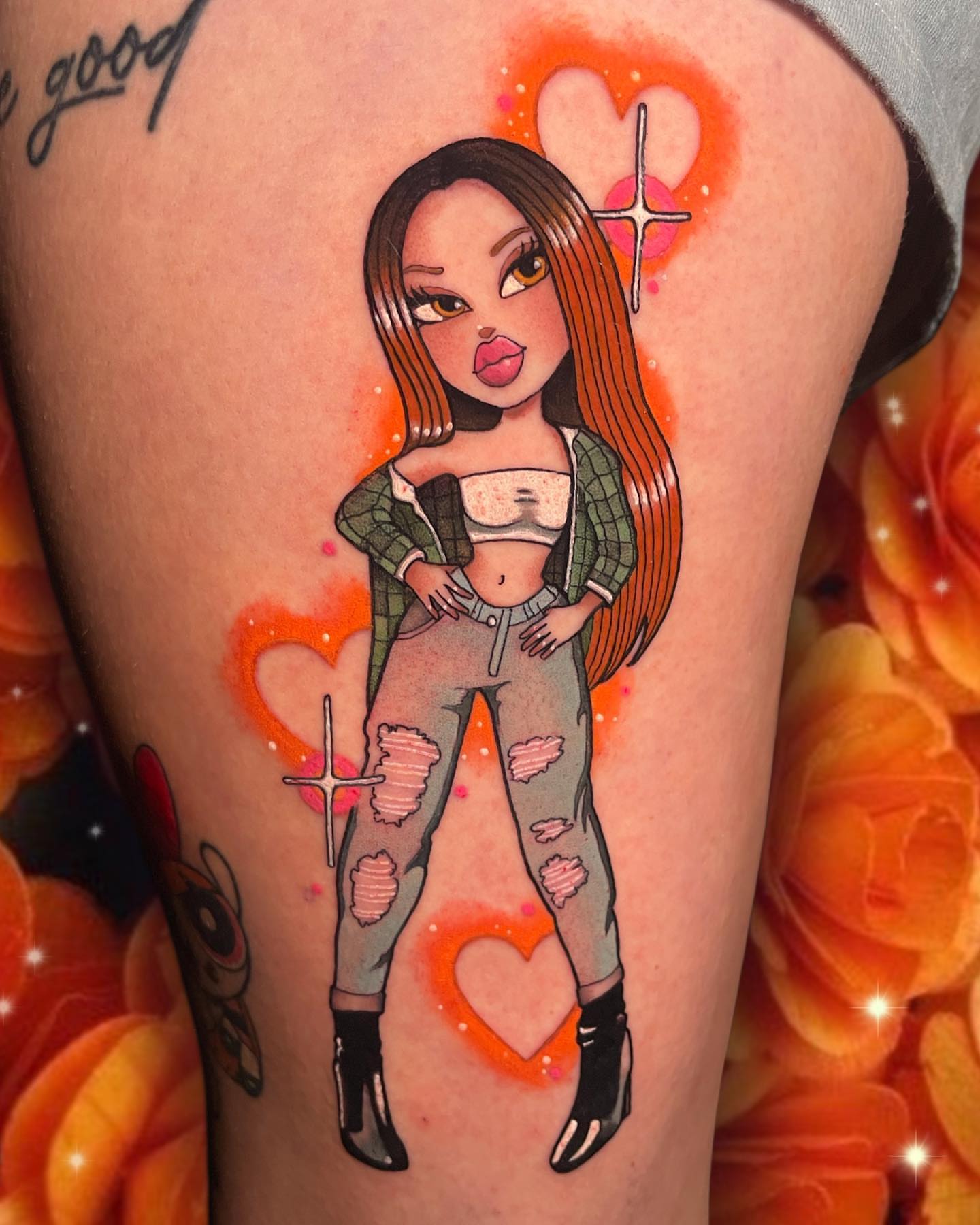 Cartoon girl illustrative tattoo on the thigh by Wendy Ruiz