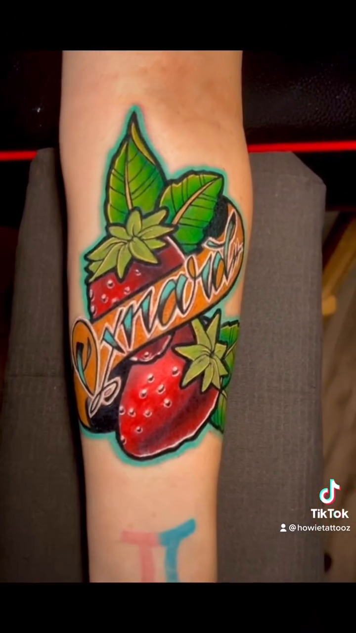 Strawberry with name neo-traditional tattoo by Brian Horowitz