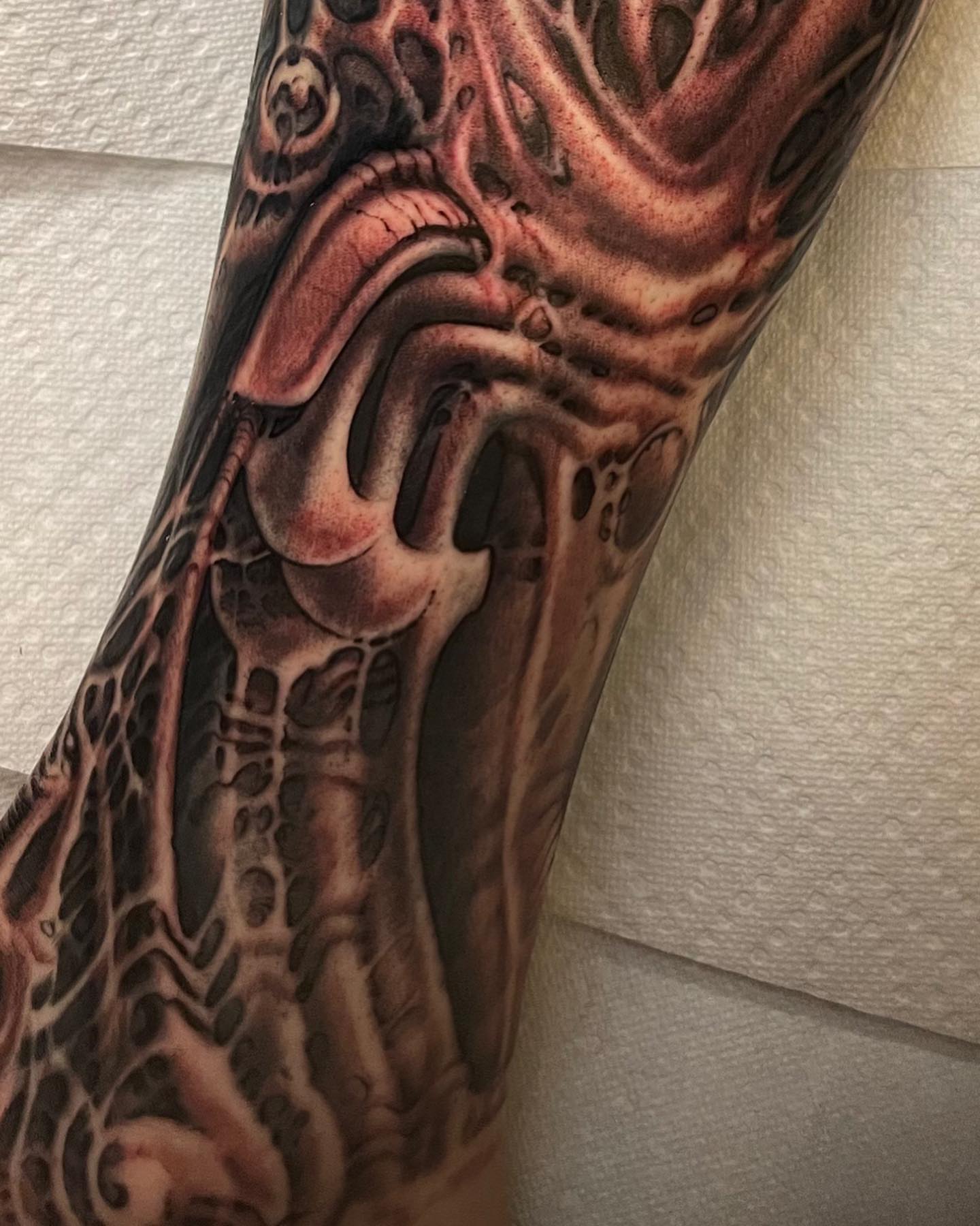 Biomechanical structure realism tattoo on the forearm by Shaine Smith, Durham, North Carolina