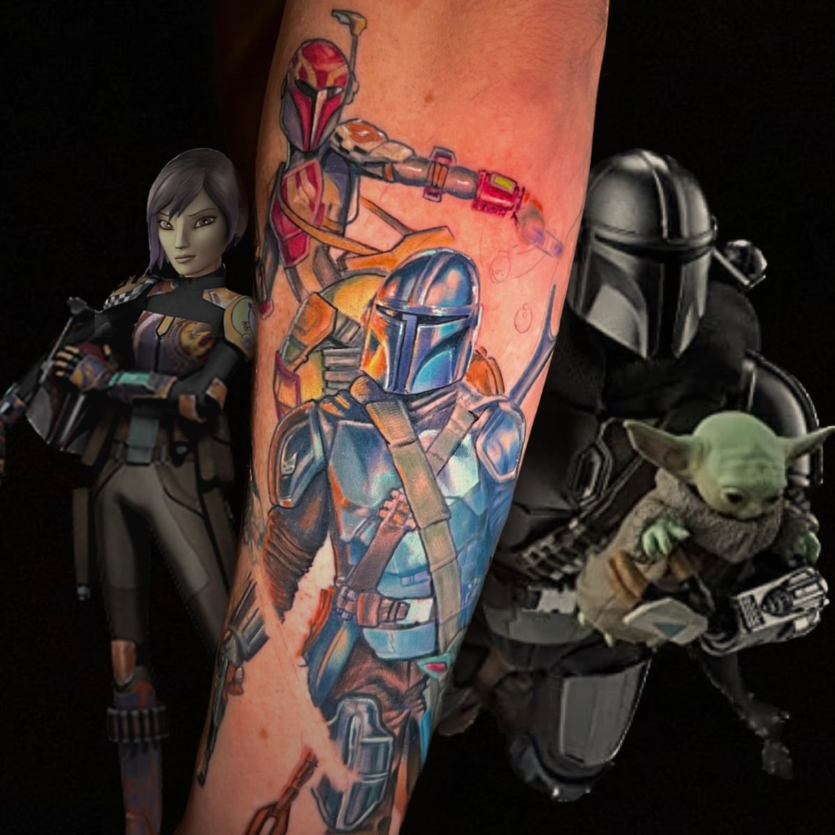 Mandalorian characters realism tattoo on the forearm by Josh Green