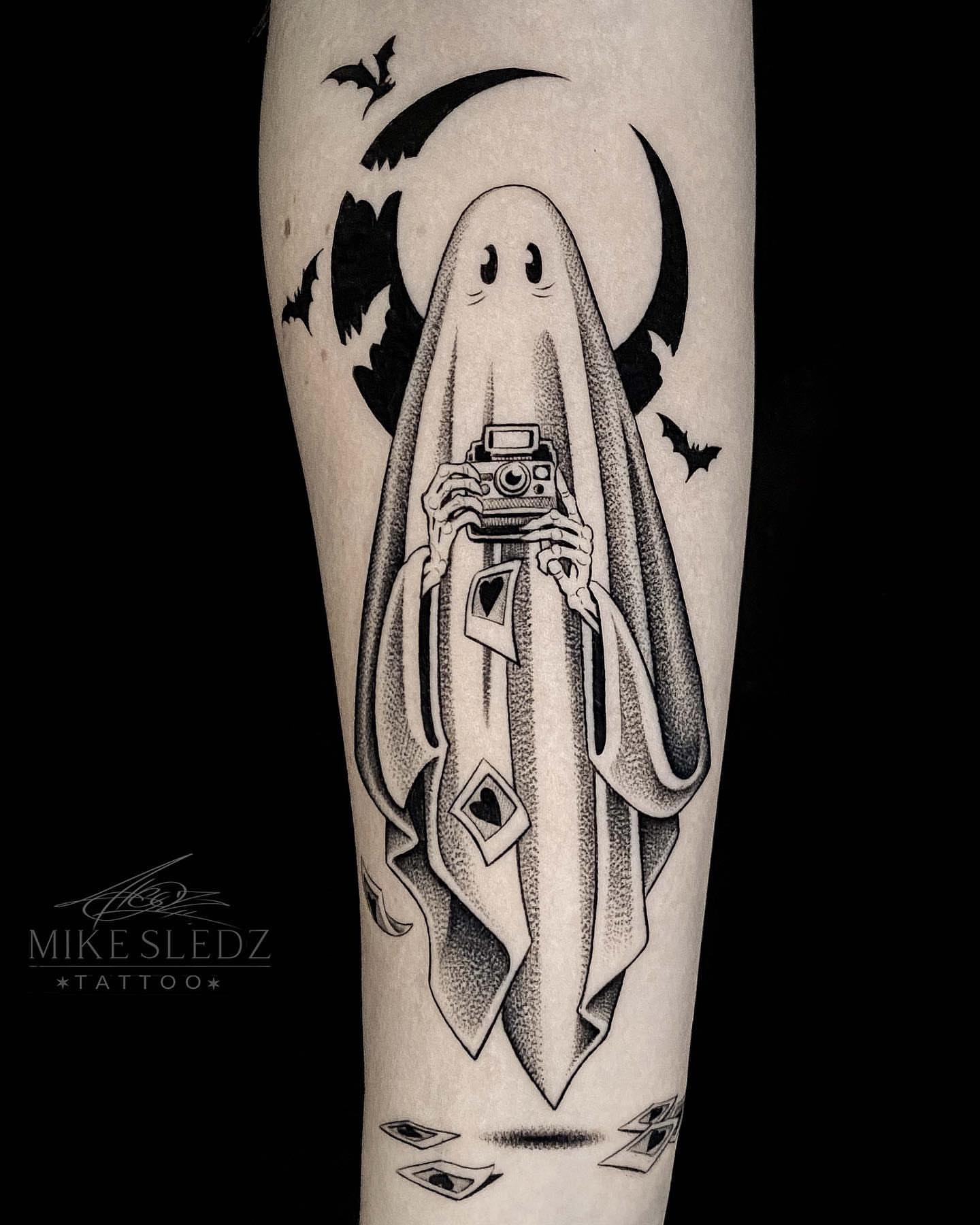 Ghost with camera dotwork tattoo on the forearm by ✶ MIKE SLEDZ ✶ Chicago Tattoo Artist