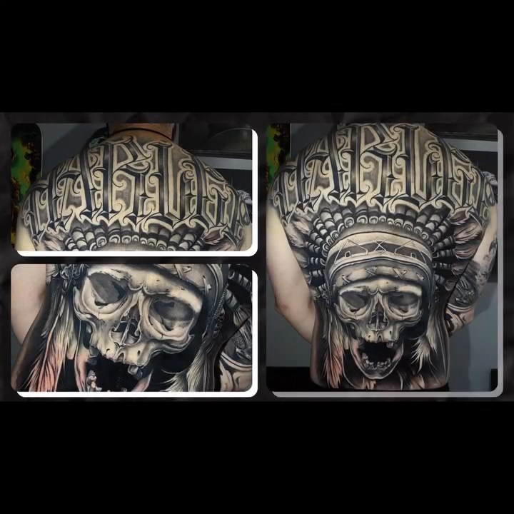 Native American chief skull tattoo Chicano tattoo on the back by Atlanta Tattoo Artist, Atlanta, Georgia