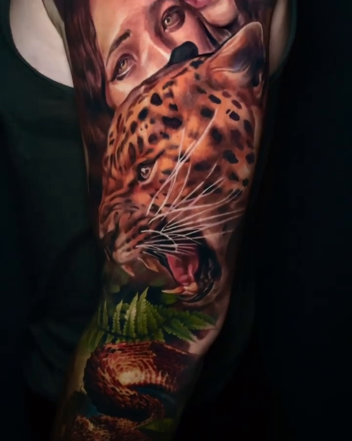 Woman and leopard realism tattoo by Dmitriy Paramonov πΊπ¦