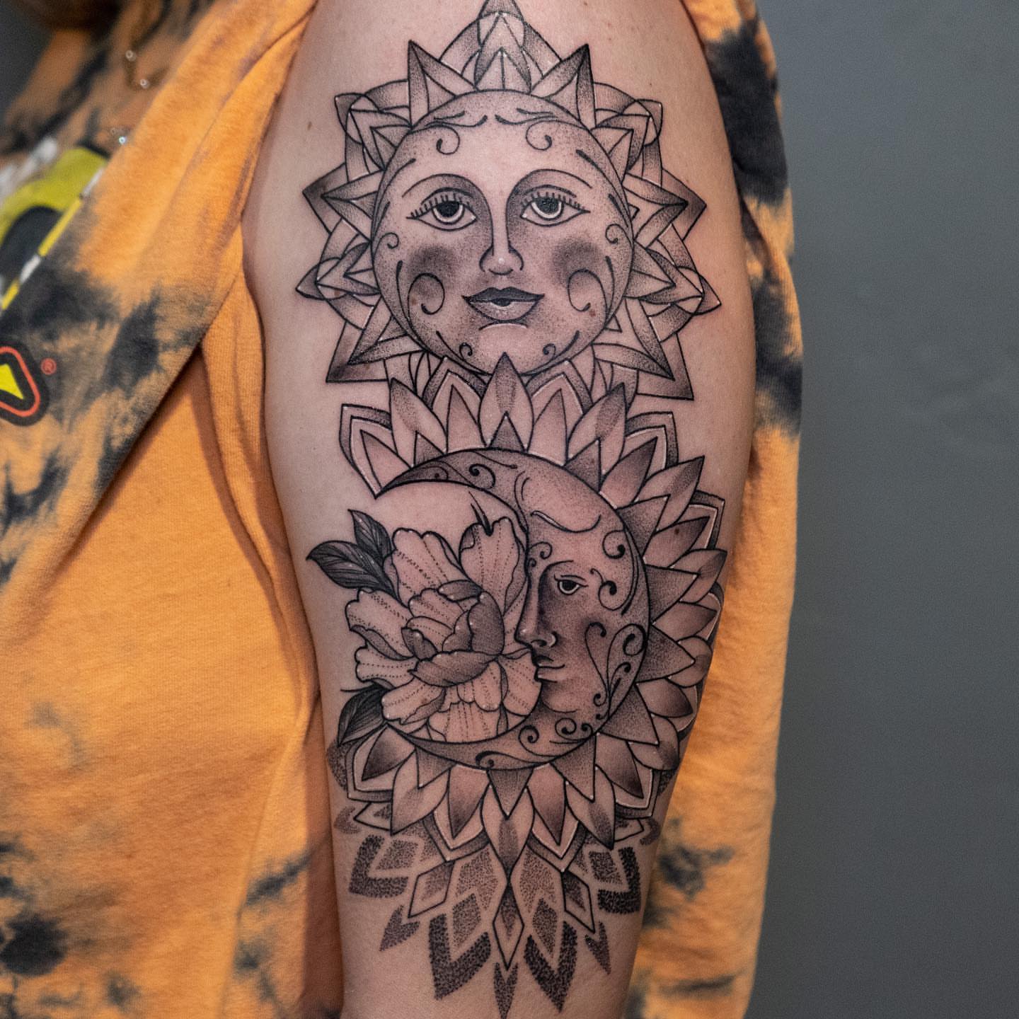 Sun and moon geometric tattoo on the forearm by all gas no brakes! no days off!