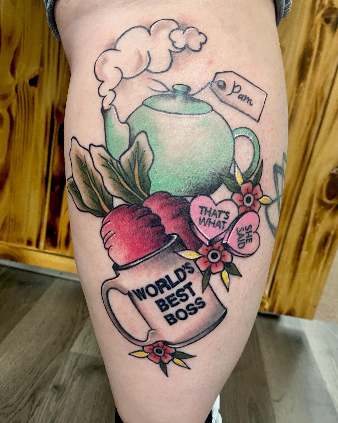 Teapot and mug American traditional tattoo on the thigh by ππππππ ππππππ