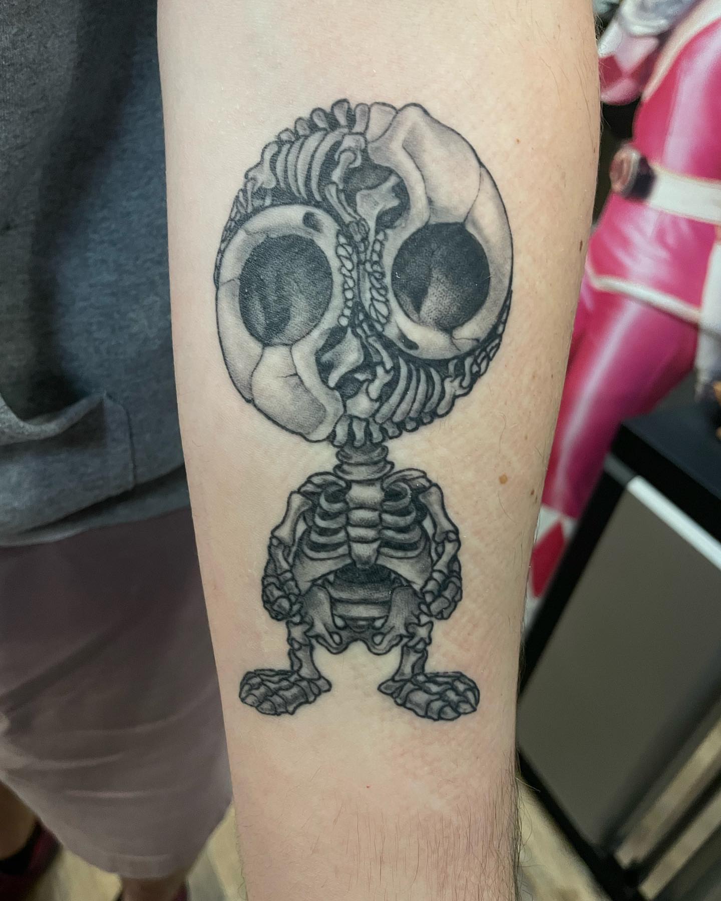 Skeleton black and grey tattoo on the forearm by ๐ฟ๐๐ฃ๐๐๐ก ๐๐ค๐ ๐ค๐ง๐ฃ๐ฎ, Middletown, Orange County, New York