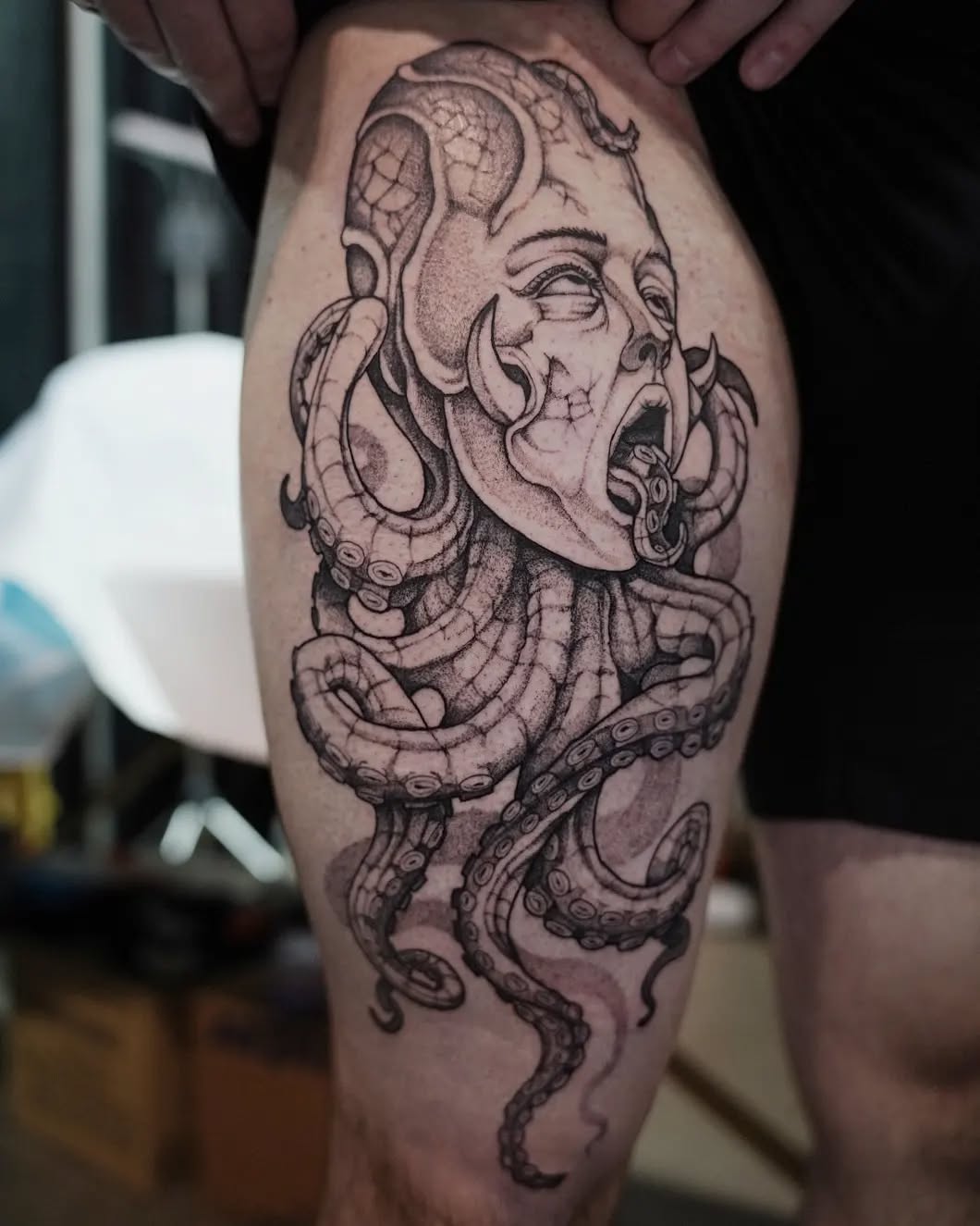 Tattoo by @eyeseedraws — black_and_grey, dotwork