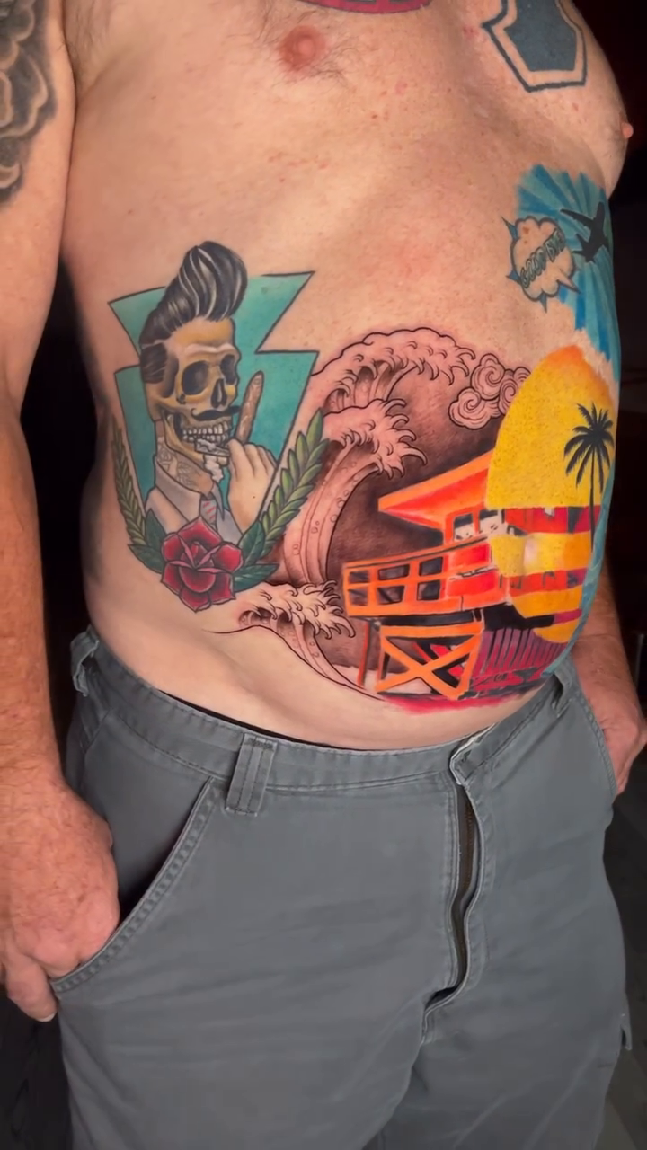 Tropical scene with skull and surfer neo-traditional tattoo by Amaury Ramirez