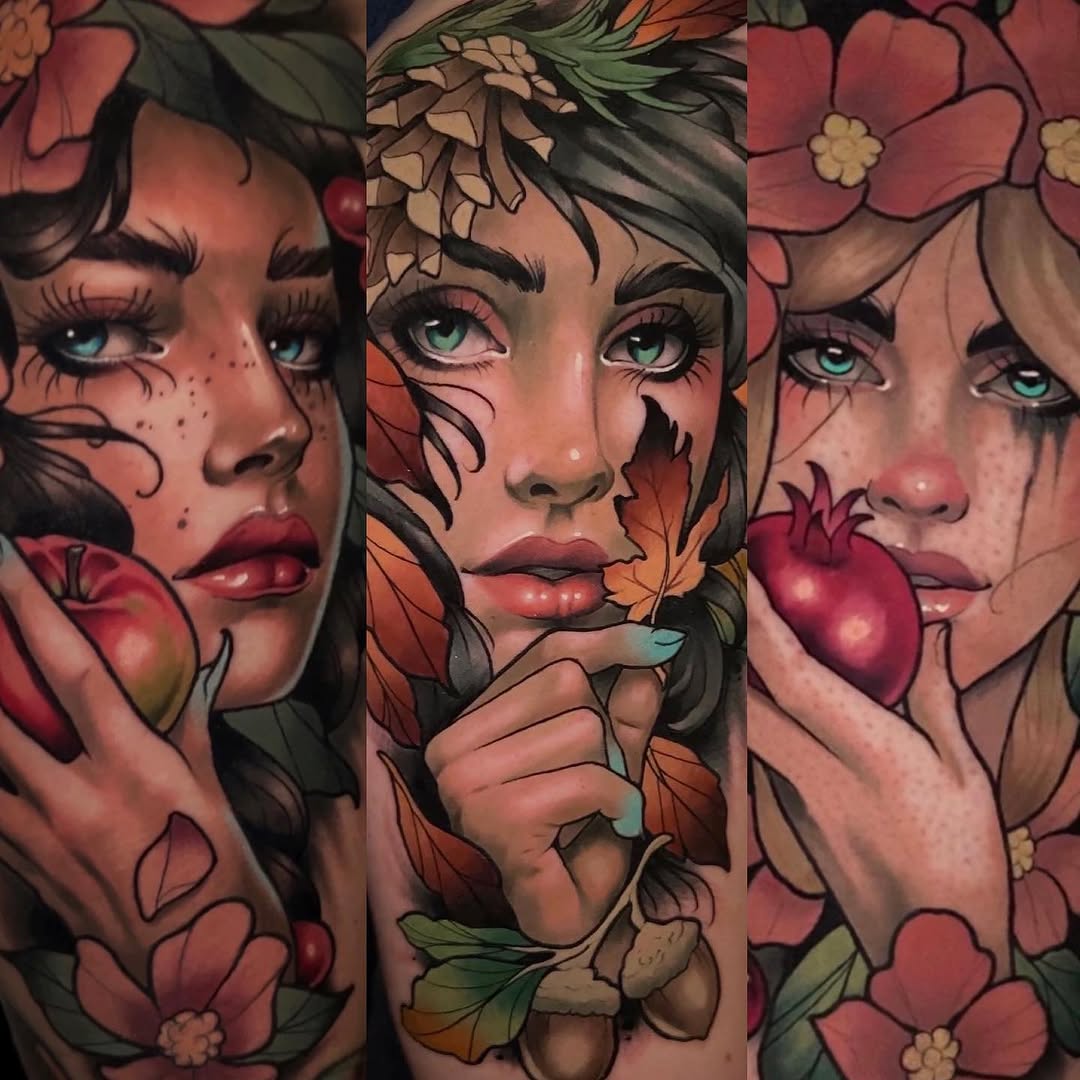 Portraits of women with seasonal elements neo-traditional tattoo on the upper arm by Andrey