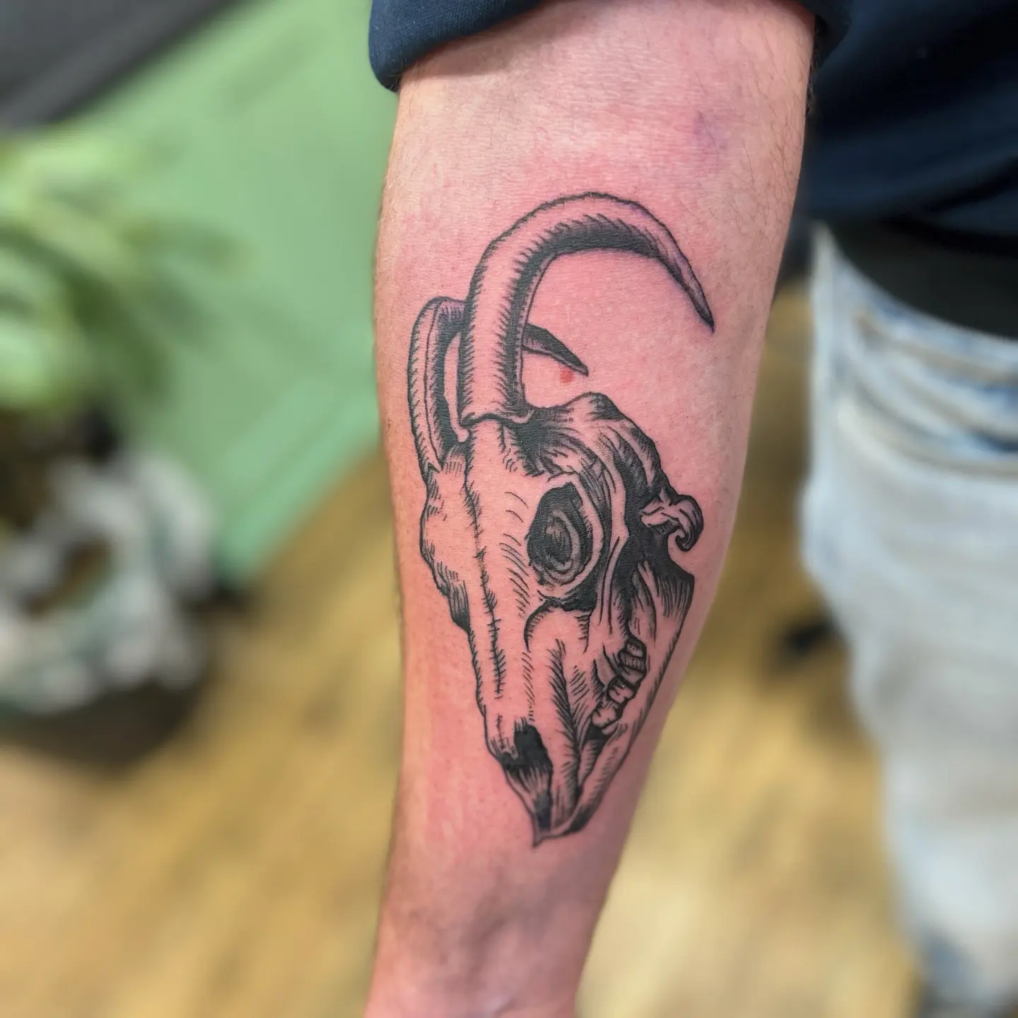 Ram skull black and grey tattoo on the forearm by Tim Andrews
