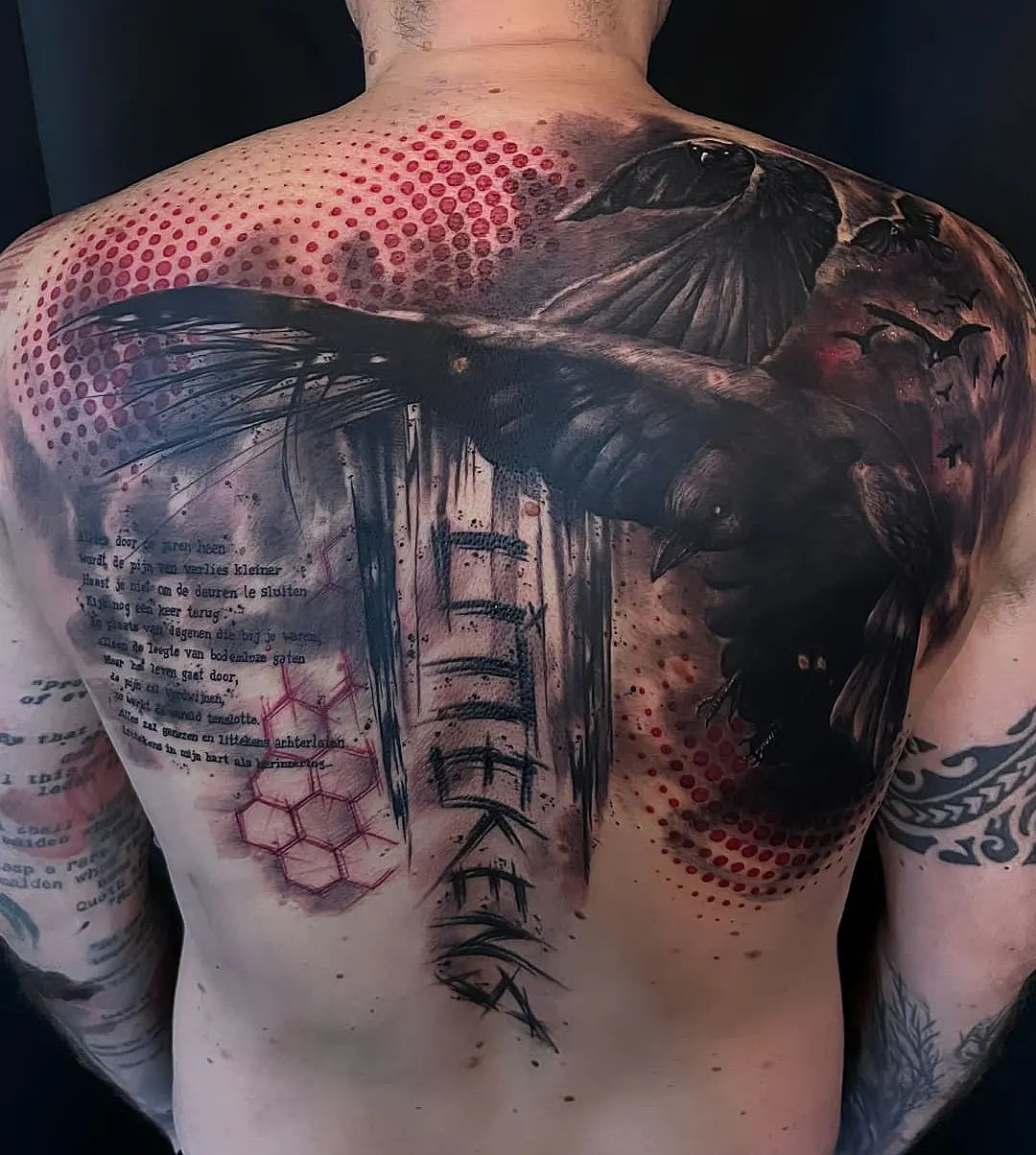 Crow and text dotwork tattoo on the back by πΈπππ πππ€