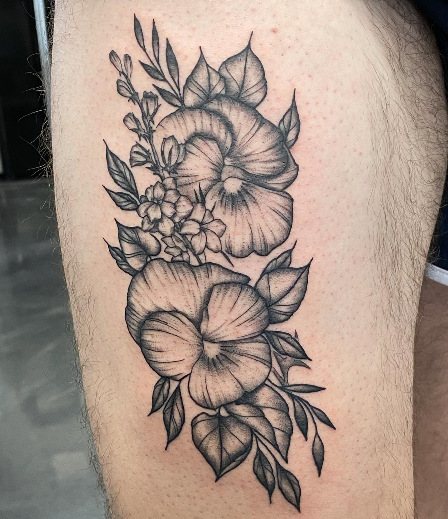Floral arrangement dotwork tattoo on the thigh by SAL, Mesa, Arizona